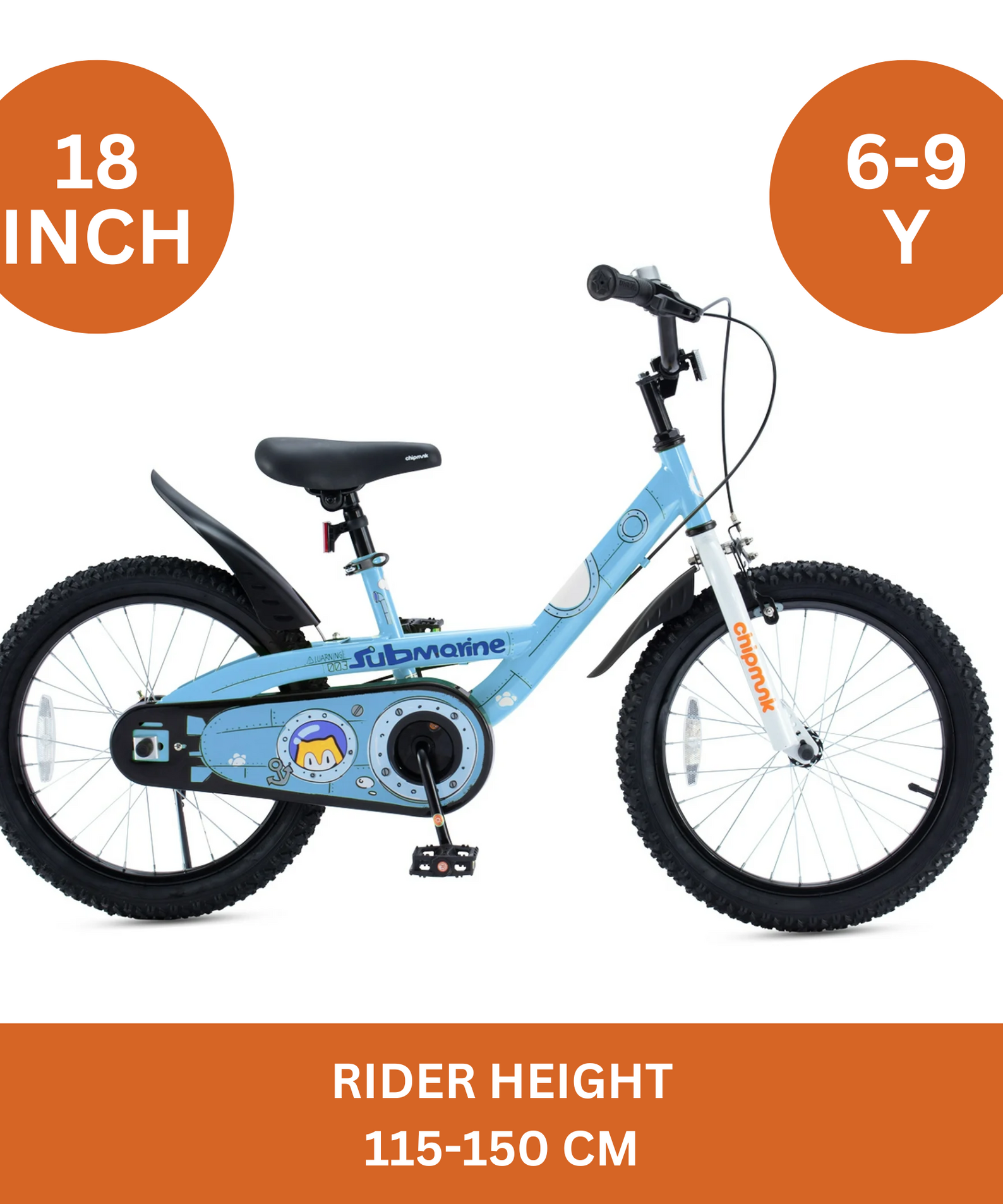 Chipmunk Submarine 18 Inch Bicycle with Lightweight Steel Frame, Adjustable Seat and Handle, Front + Rear Brakes, 95% Pre-Assembled Kid's Bikes with Training Wheels for Children 6-9 Years Old, Blue