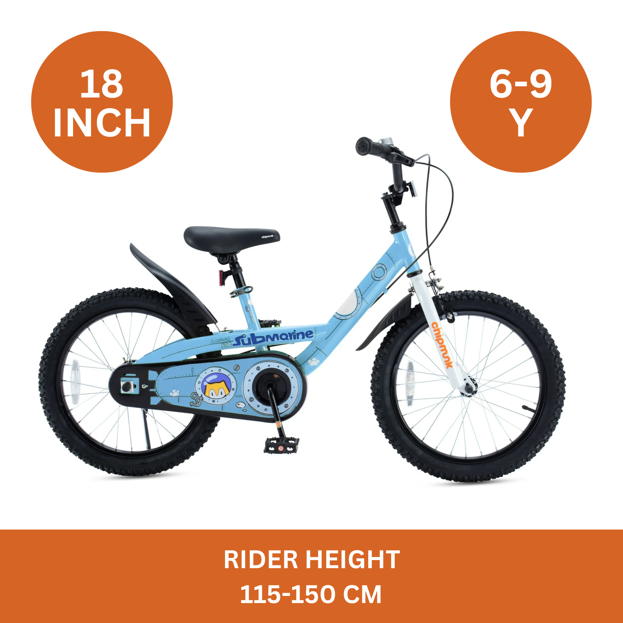 Chipmunk Submarine 18 Inch Bicycle with Lightweight Steel Frame, Adjustable Seat and Handle, Front + Rear Brakes, 95% Pre-Assembled Kid's Bikes with Training Wheels for Children 6-9 Years Old, Blue