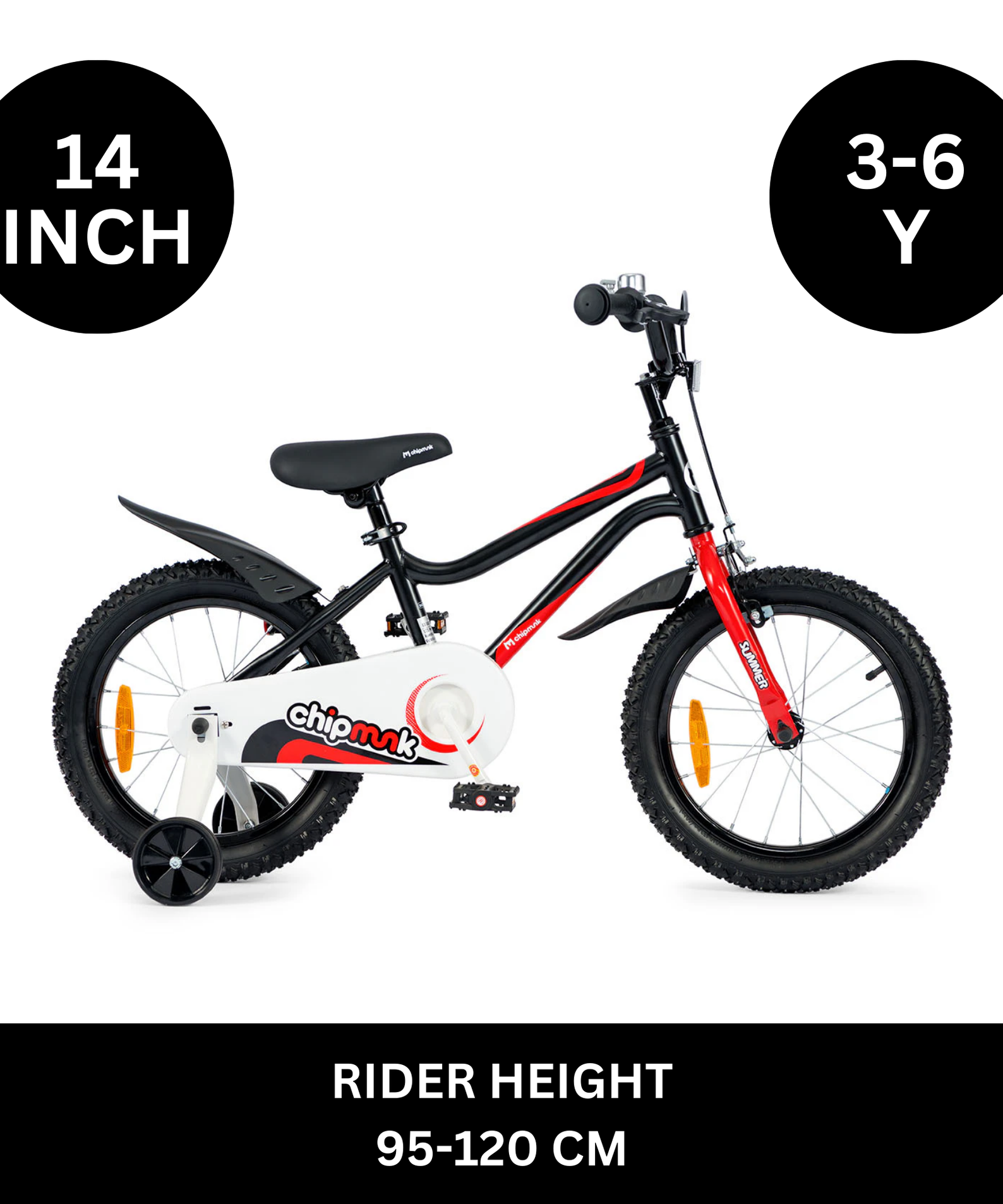 Chipmunk MK 14 Inch Bicycle with Lightweight Steel Frame, Adjustable Seat and Handle, Front + Rear Brakes, 95% Pre-Assembled Kid's Bikes with Training Wheels for Children 3-6 Years Old, Black