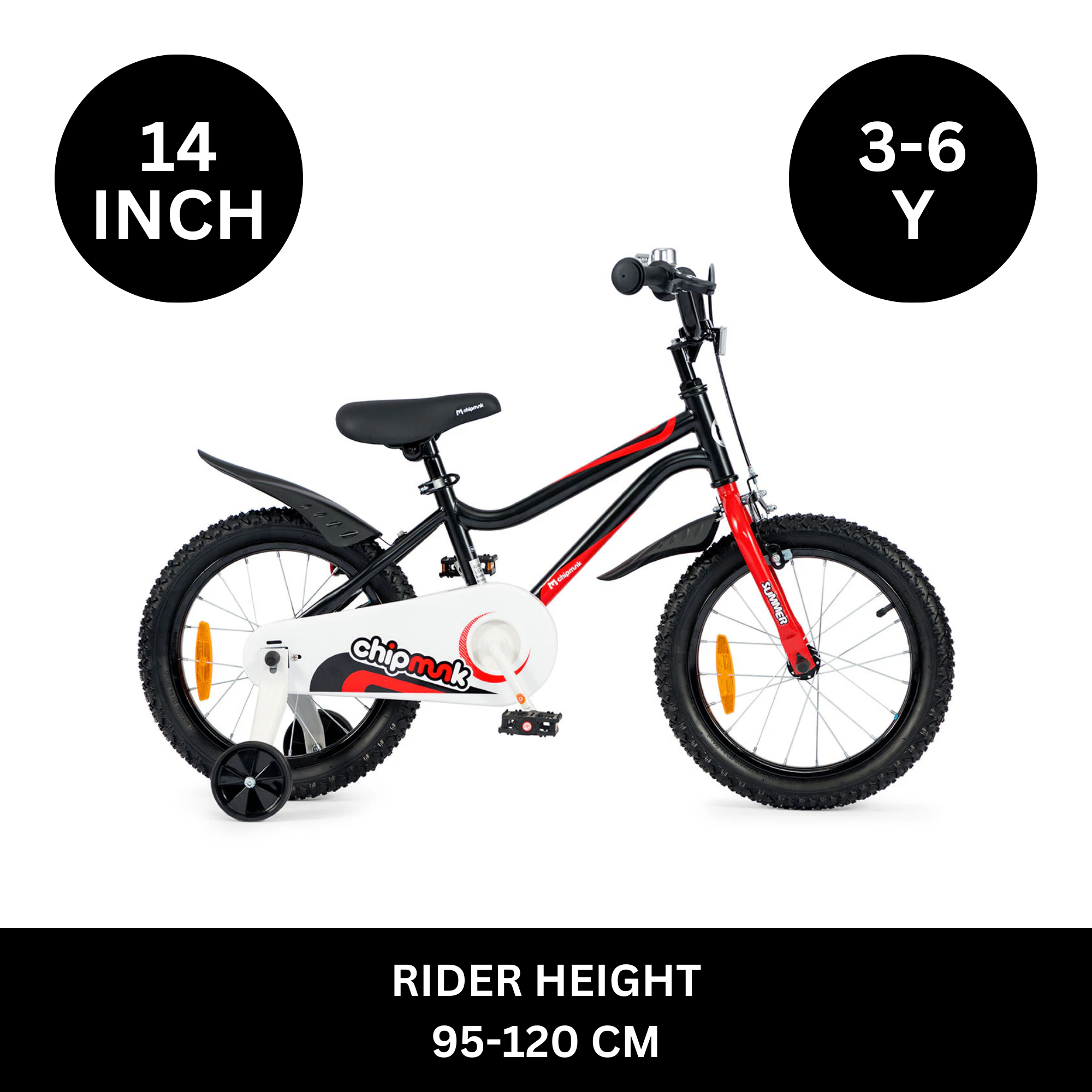 Chipmunk MK 14 Inch Bicycle with Lightweight Steel Frame, Adjustable Seat and Handle, Front + Rear Brakes, 95% Pre-Assembled Kid's Bikes with Training Wheels for Children 3-6 Years Old, Black
