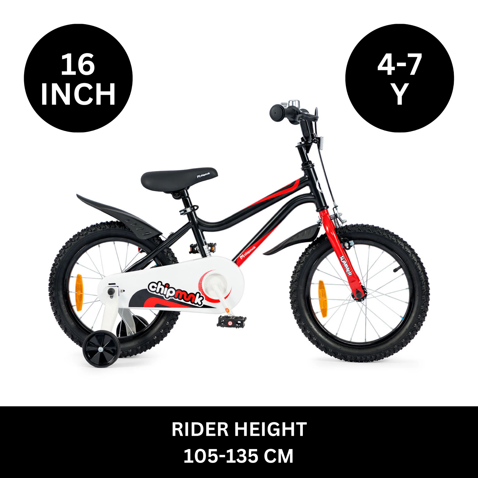 Chipmunk MK 16 Inch Bicycle with Lightweight Steel Frame, Adjustable Seat and Handle, Front + Rear Brakes, 95% Pre-Assembled Kid's Bikes with Training Wheels for Children 4-7 Years Old, Black