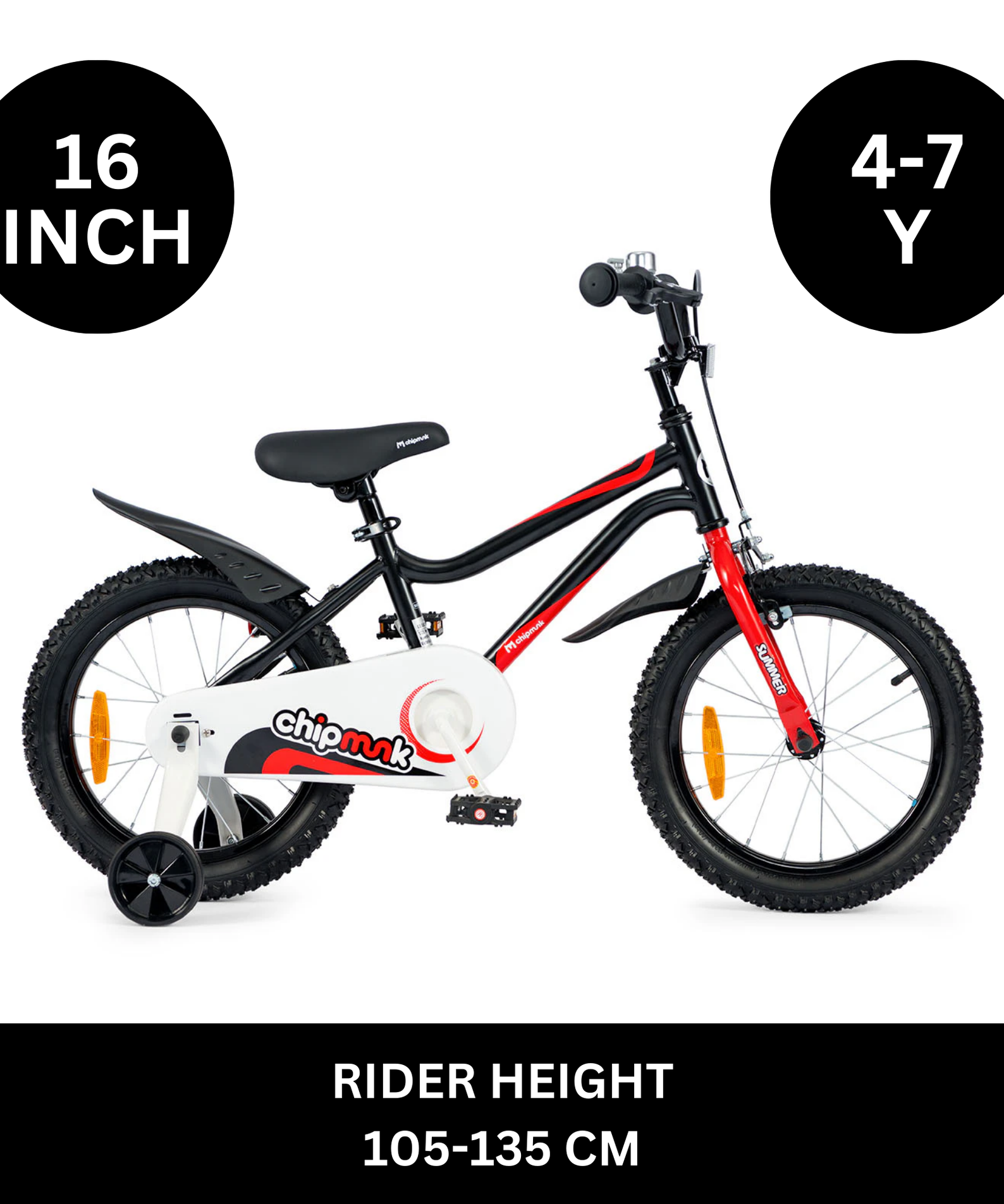 Chipmunk MK 16 Inch Bicycle with Lightweight Steel Frame, Adjustable Seat and Handle, Front + Rear Brakes, 95% Pre-Assembled Kid's Bikes with Training Wheels for Children 4-7 Years Old, Black