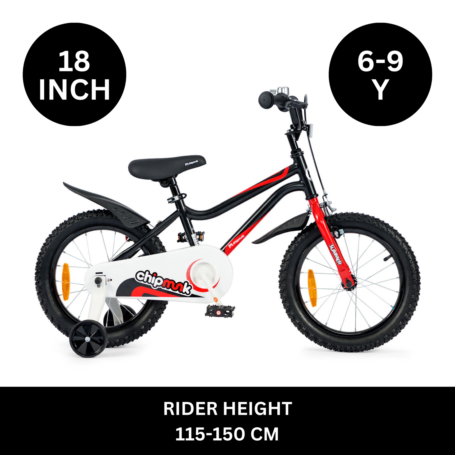 Chipmunk MK 18 Inch Bicycle with Lightweight Steel Frame, Adjustable Seat and Handle, Front + Rear Brakes, 95% Pre-Assembled Kid's Bikes with Training Wheels for Children 6-9 Years Old, Black