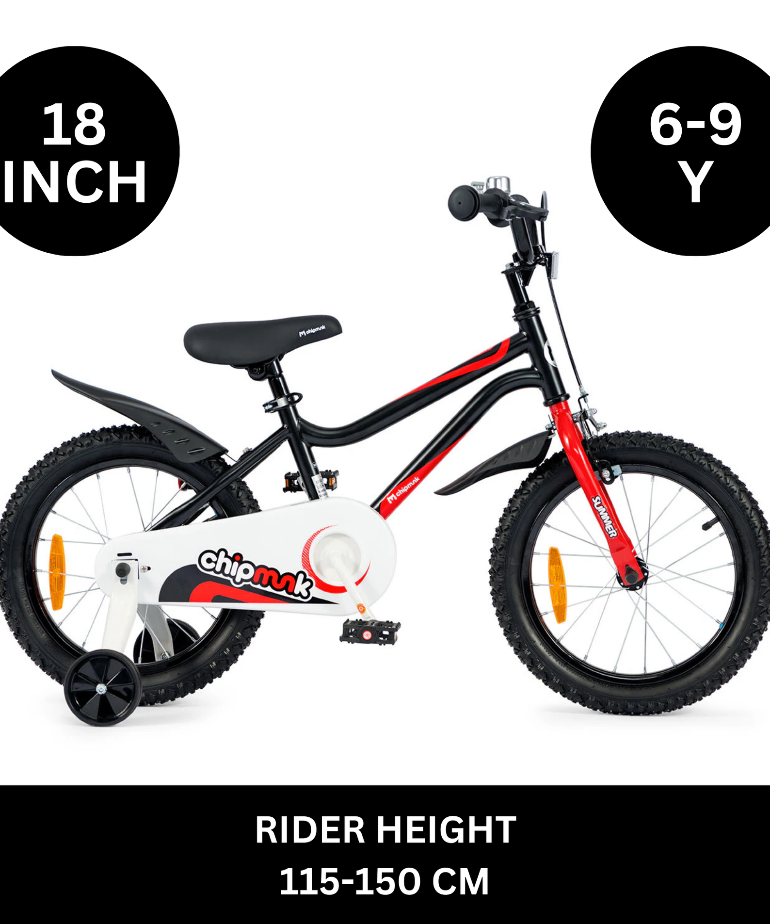 Chipmunk MK 18 Inch Bicycle with Lightweight Steel Frame, Adjustable Seat and Handle, Front + Rear Brakes, 95% Pre-Assembled Kid's Bikes with Training Wheels for Children 6-9 Years Old, Black