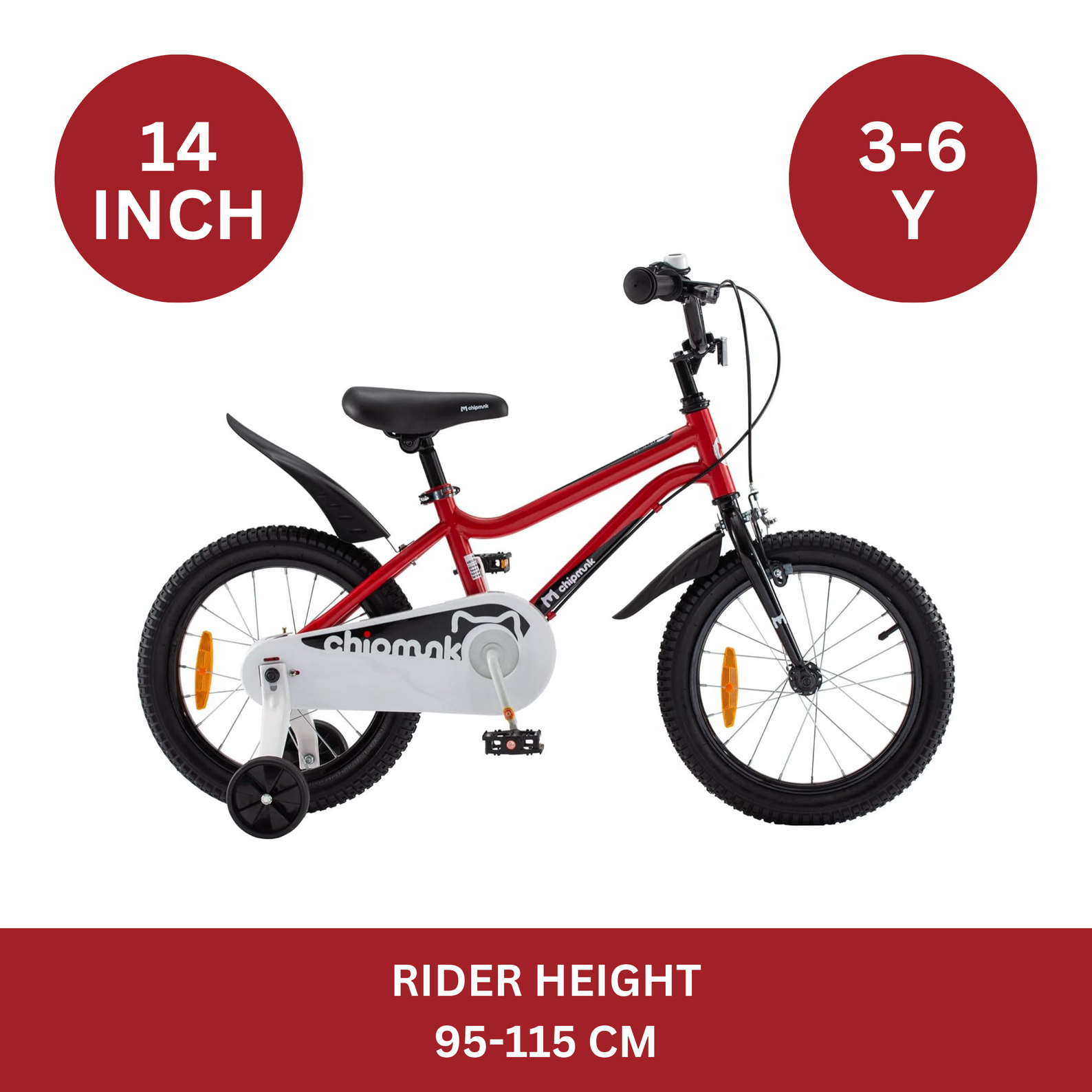 Chipmunk MK 14 Inch Bicycle with Lightweight Steel Frame, Adjustable Seat and Handle, Front + Rear Brakes, 95% Pre-Assembled Kid's Bikes with Training Wheels for Children 3-6 Years Old, Red