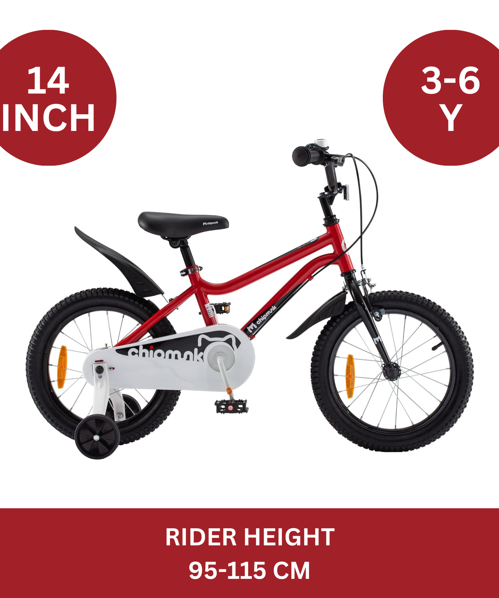 Chipmunk MK 14 Inch Bicycle with Lightweight Steel Frame, Adjustable Seat and Handle, Front + Rear Brakes, 95% Pre-Assembled Kid's Bikes with Training Wheels for Children 3-6 Years Old, Red