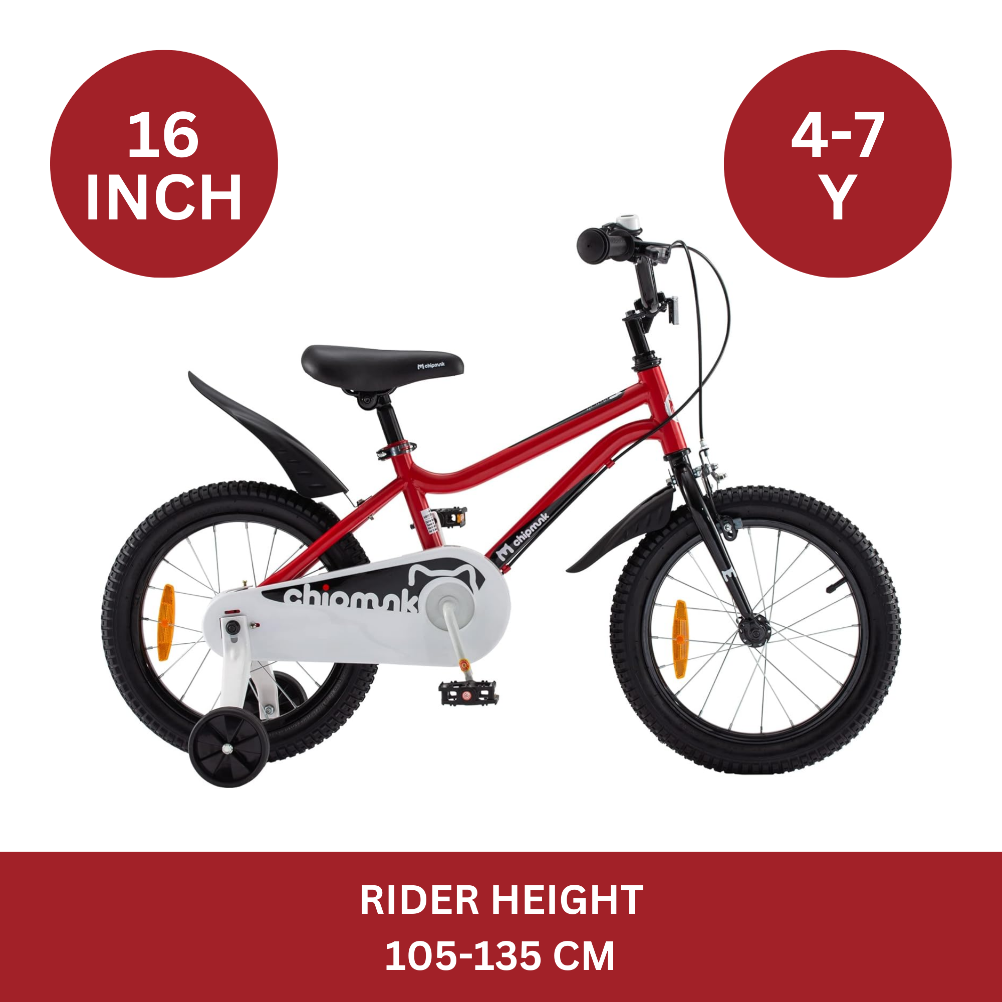 Chipmunk MK 16 Inch Bicycle with Lightweight Steel Frame, Adjustable Seat and Handle, Front + Rear Brakes, 95% Pre-Assembled Kid's Bikes with Training Wheels for Children 4-7 Years Old, Red