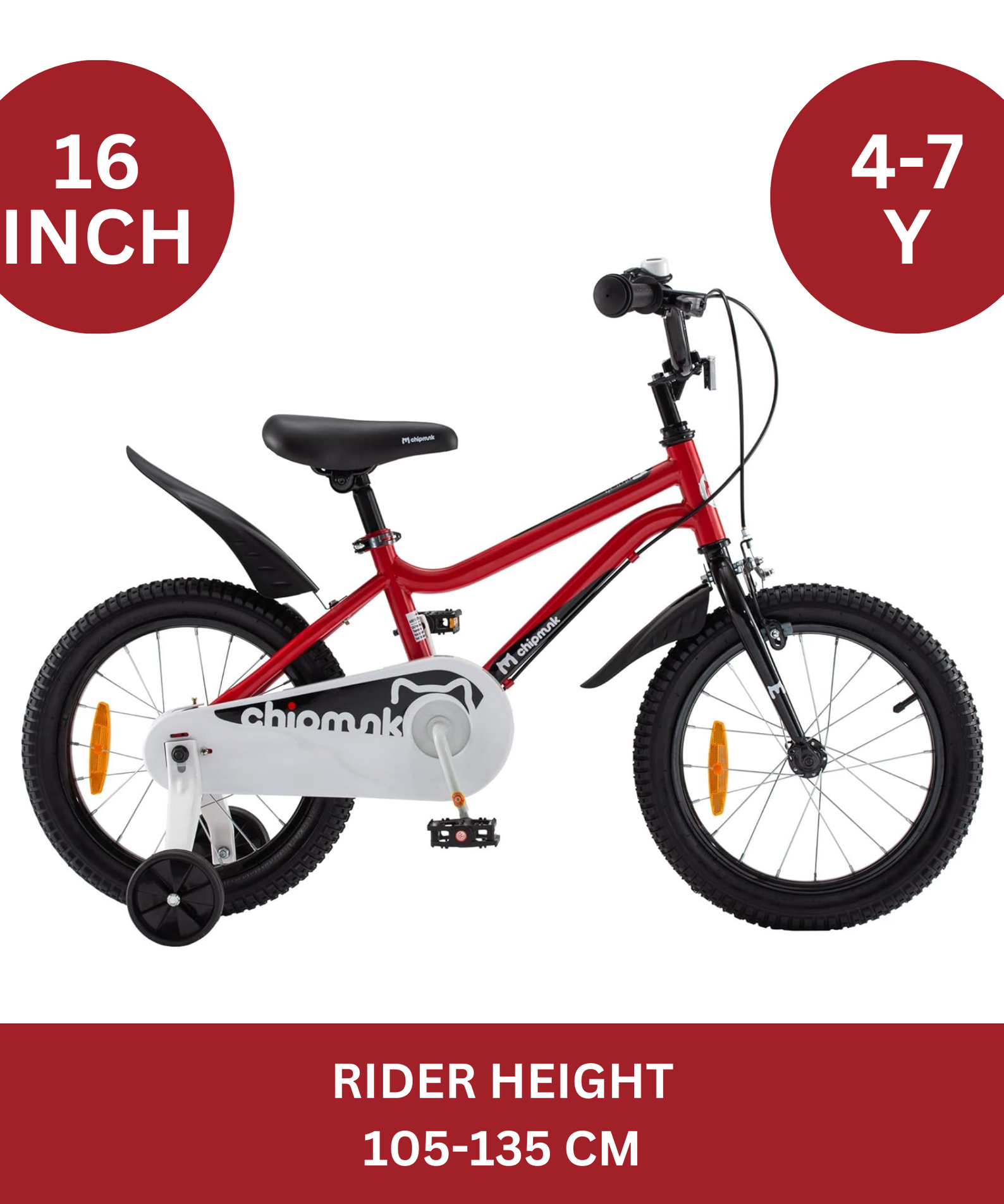 Chipmunk MK 12 Inch Bicycle with Lightweight Steel Frame, Adjustable Seat and Handle, Front + Rear Brakes, 95% Pre-Assembled Kid's Bikes with Training Wheels for Children 2-5 Years Old, Red