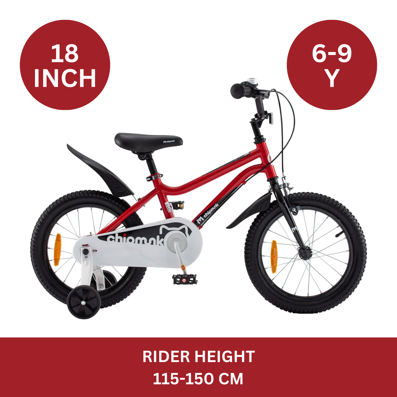 Chipmunk MK 18 Inch Bicycle with Lightweight Steel Frame, Adjustable Seat and Handle, Front + Rear Brakes, 95% Pre-Assembled Kid's Bikes with Training Wheels for Children 6-9 Years Old, Red