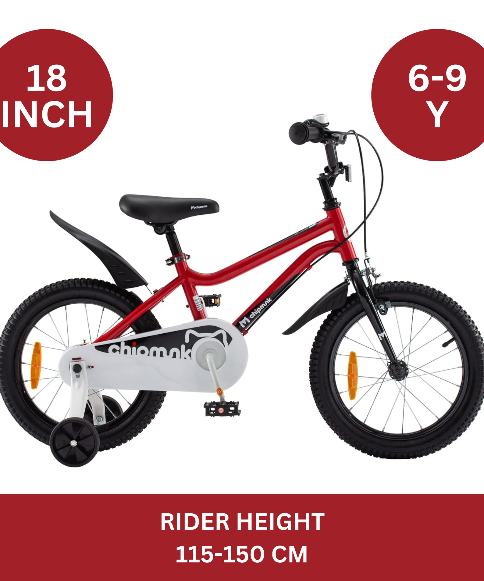 Chipmunk MK 18 Inch Bicycle with Lightweight Steel Frame, Adjustable Seat and Handle, Front + Rear Brakes, 95% Pre-Assembled Kid's Bikes with Training Wheels for Children 6-9 Years Old, Red