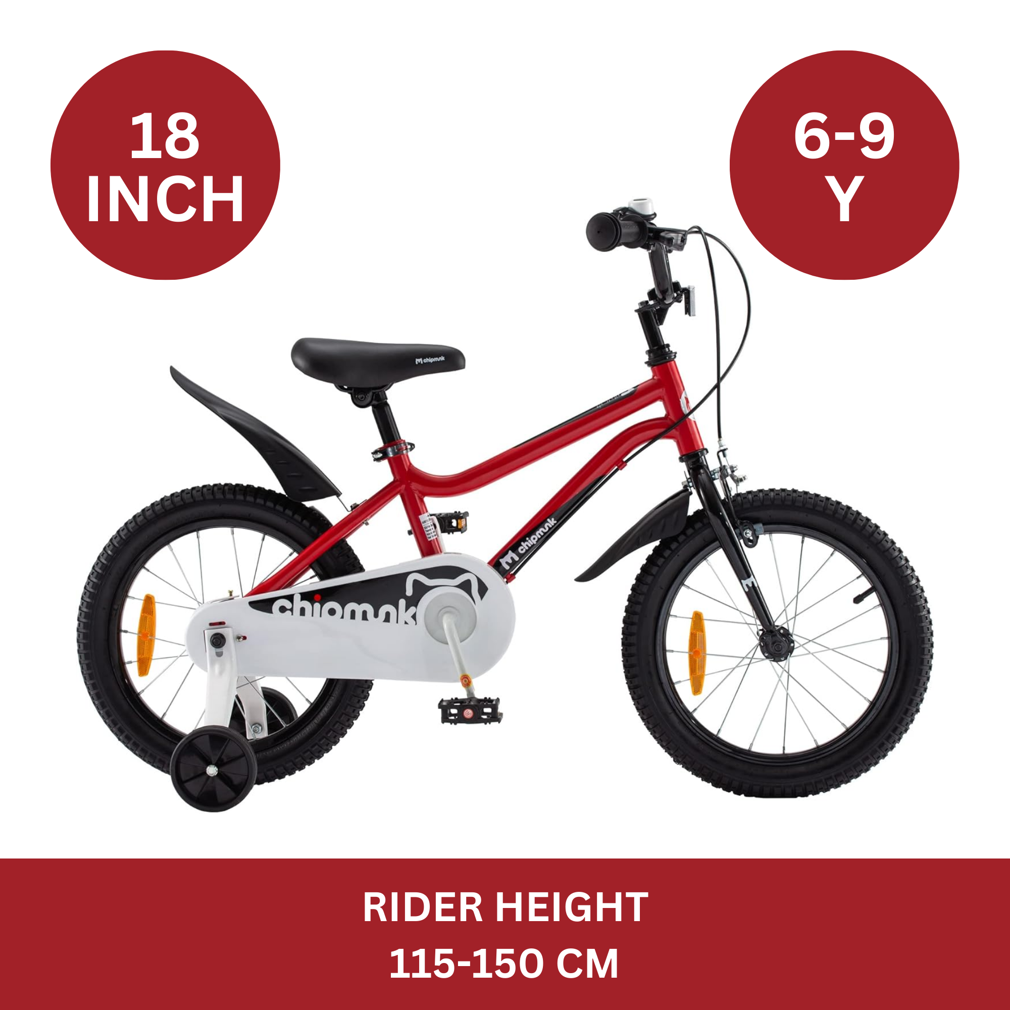 Chipmunk MK 18 Inch Bicycle with Lightweight Steel Frame, Adjustable Seat and Handle, Front + Rear Brakes, 95% Pre-Assembled Kid's Bikes with Training Wheels for Children 6-9 Years Old, Red