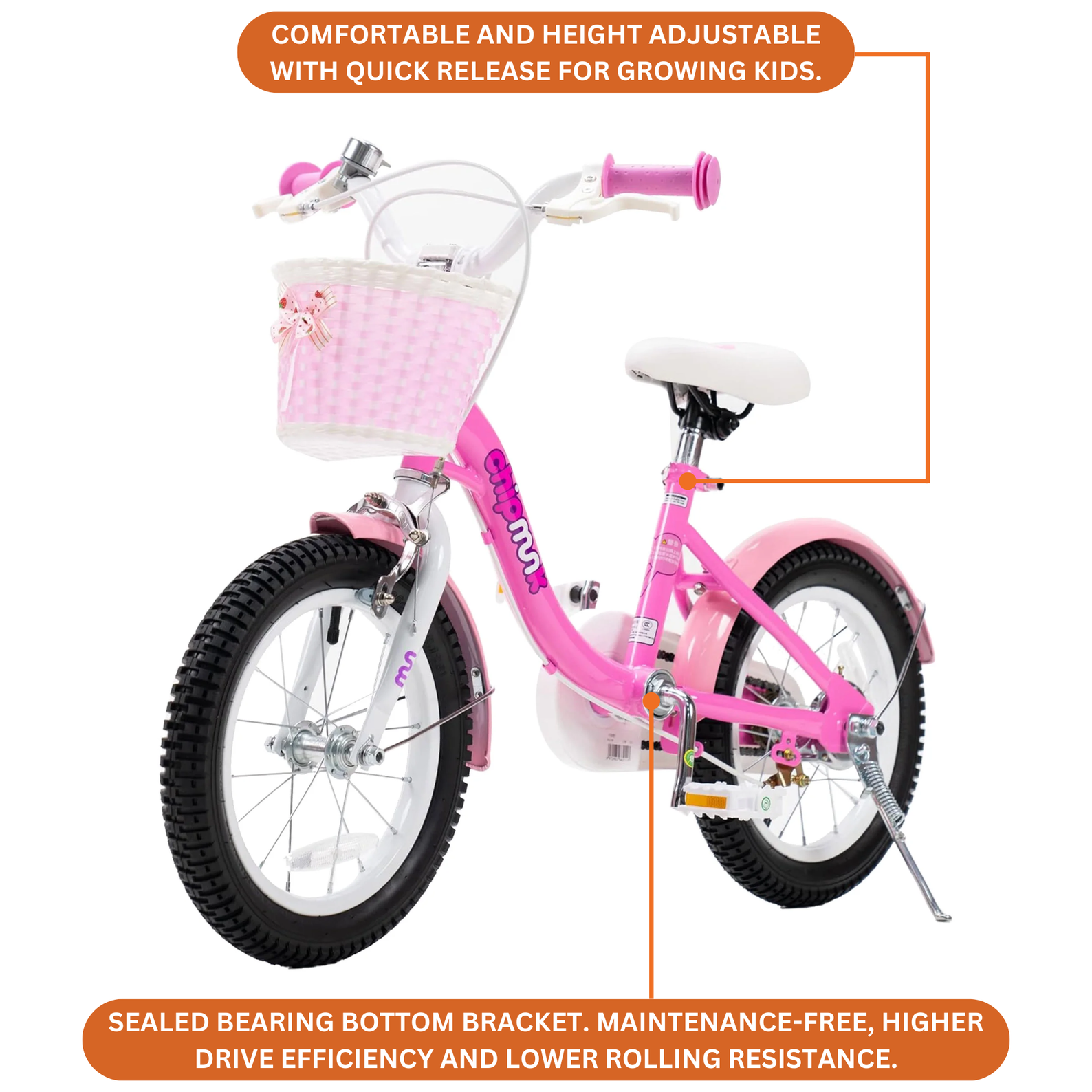 Chipmunk MM 16 Inch Bicycle with Lightweight Steel Frame, Basket, Adjustable Seat and Handle, Front + Rear Brakes, 85% Pre-Assembled Kid's Bikes with Training Wheels for Children 4-7 Years Old, Pink