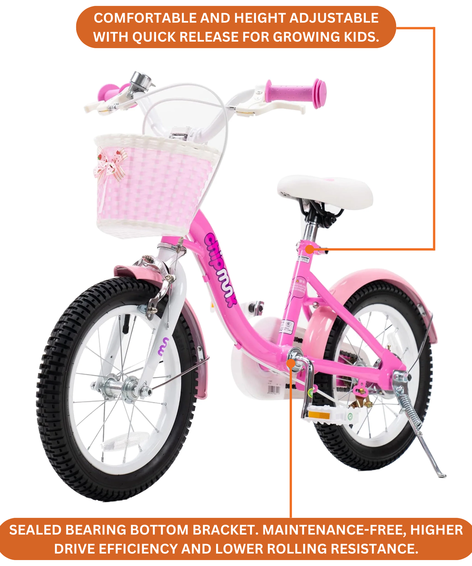 Chipmunk MM 16 Inch Bicycle with Lightweight Steel Frame, Basket, Adjustable Seat and Handle, Front + Rear Brakes, 85% Pre-Assembled Kid's Bikes with Training Wheels for Children 4-7 Years Old, Pink