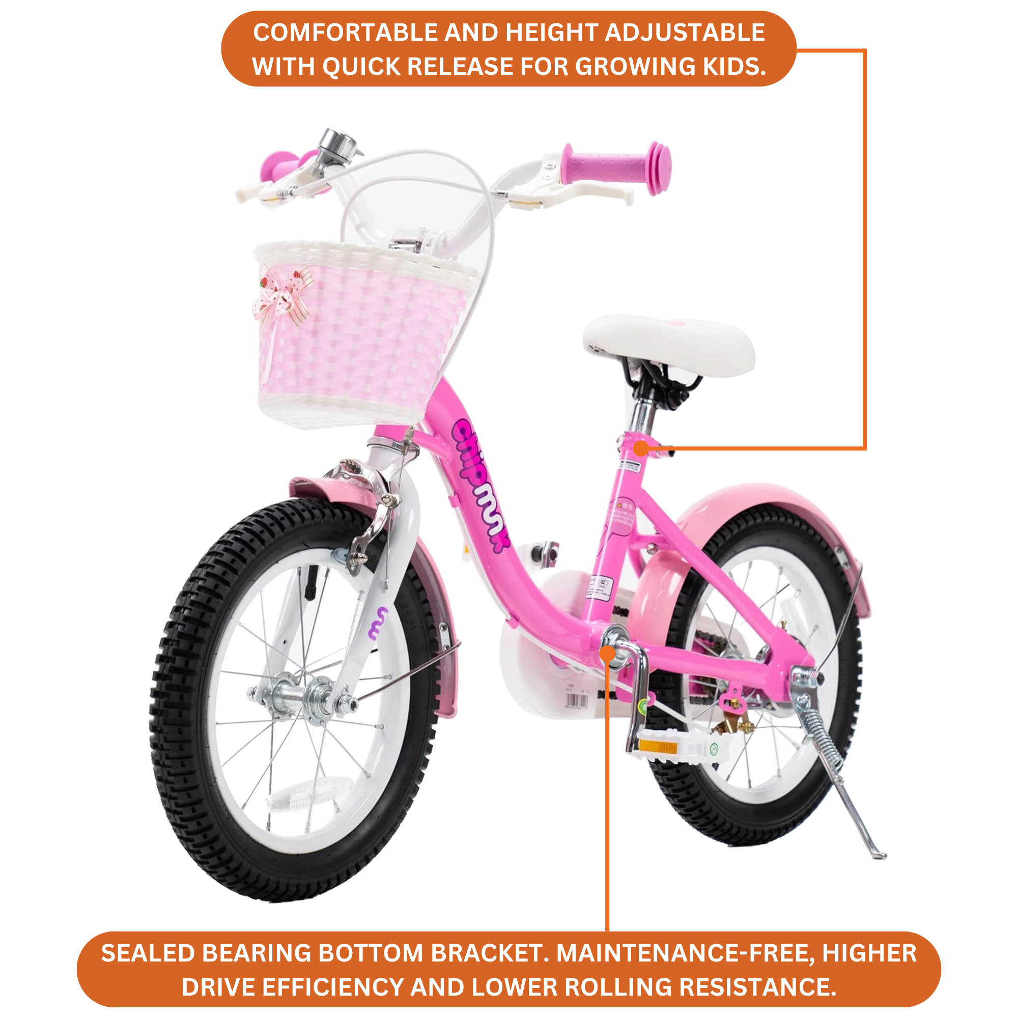 Chipmunk MM 16 Inch Bicycle with Lightweight Steel Frame, Basket, Adjustable Seat and Handle, Front + Rear Brakes, 85% Pre-Assembled Kid's Bikes with Training Wheels for Children 4-7 Years Old, Pink