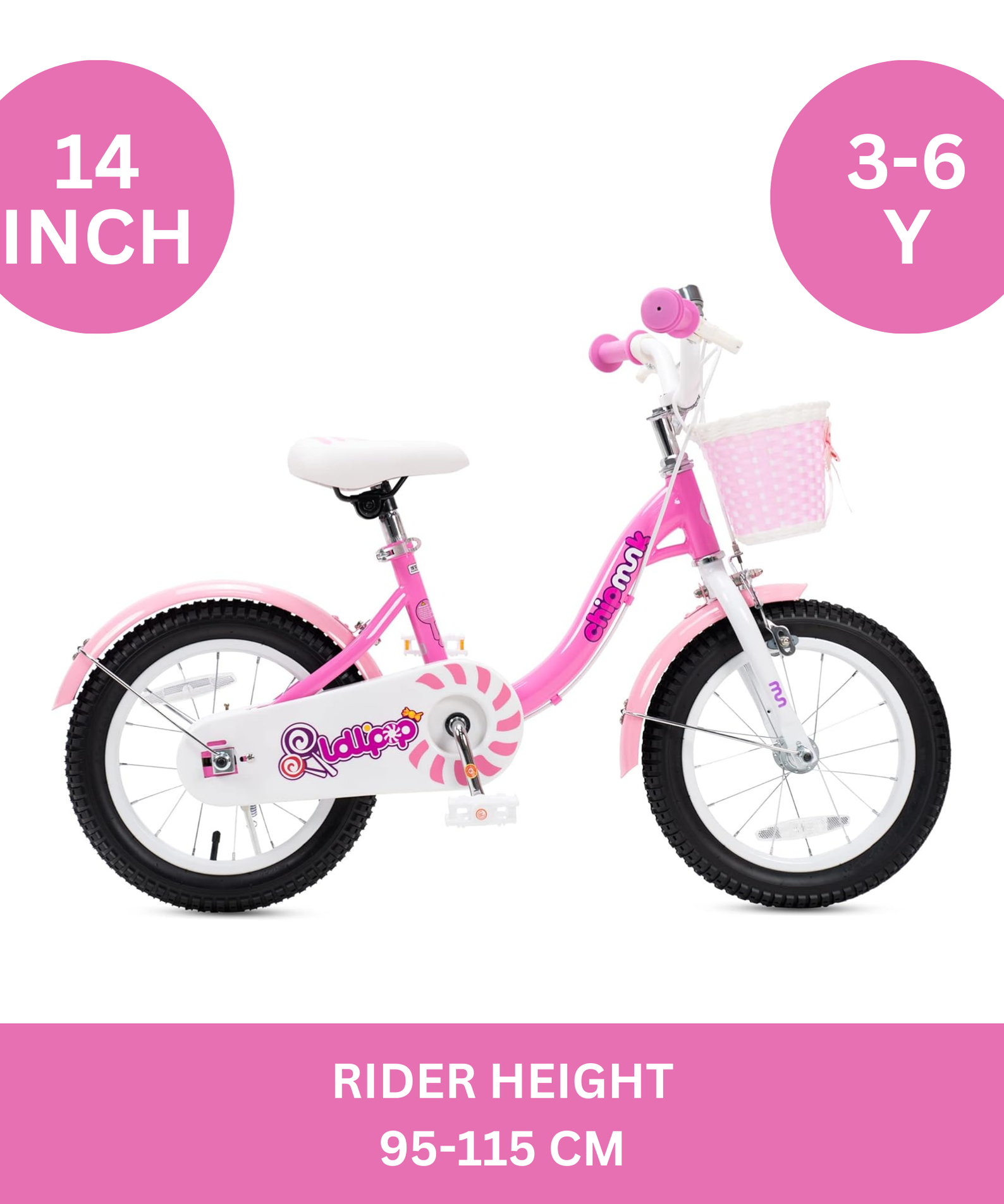 Chipmunk MM 14 Inch Bicycle with Lightweight Steel Frame, Basket, Adjustable Seat and Handle, Front + Rear Brakes, 85% Pre-Assembled Kid's Bikes with Training Wheels for Children 3-6 Years Old, Pink