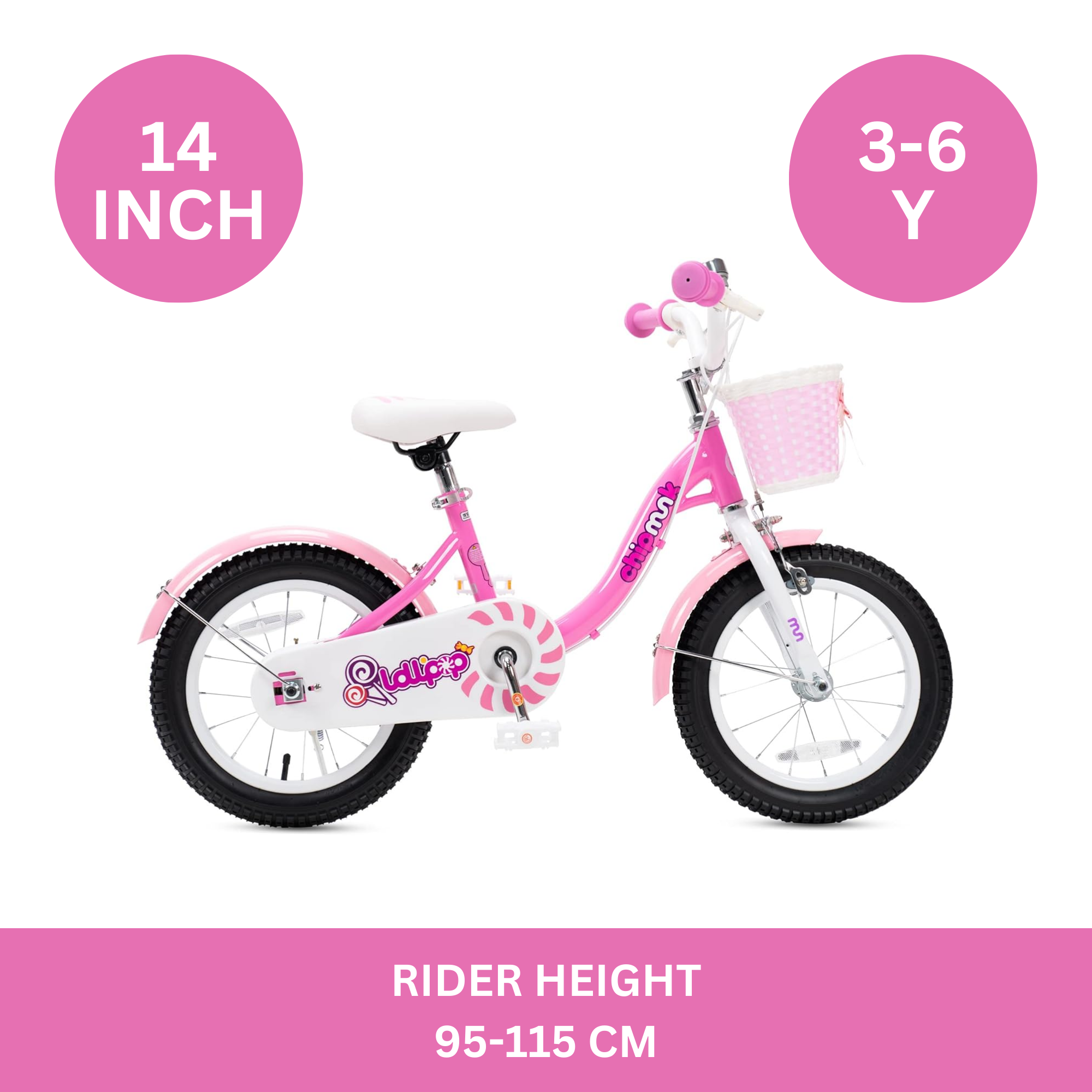 Chipmunk MM 14 Inch Bicycle with Lightweight Steel Frame, Basket, Adjustable Seat and Handle, Front + Rear Brakes, 85% Pre-Assembled Kid's Bikes with Training Wheels for Children 3-6 Years Old, Pink