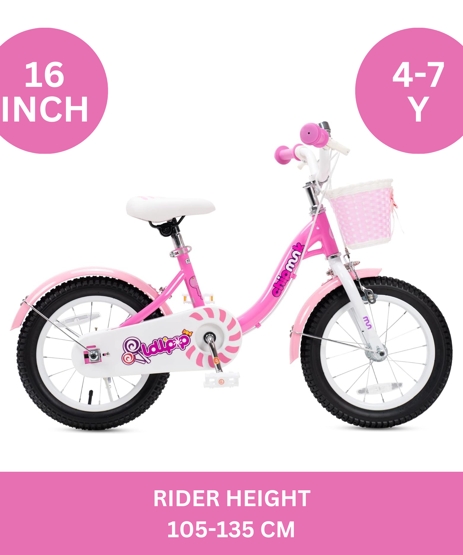 Chipmunk MM 16 Inch Bicycle with Lightweight Steel Frame, Basket, Adjustable Seat and Handle, Front + Rear Brakes, 85% Pre-Assembled Kid's Bikes with Training Wheels for Children 4-7 Years Old, Pink