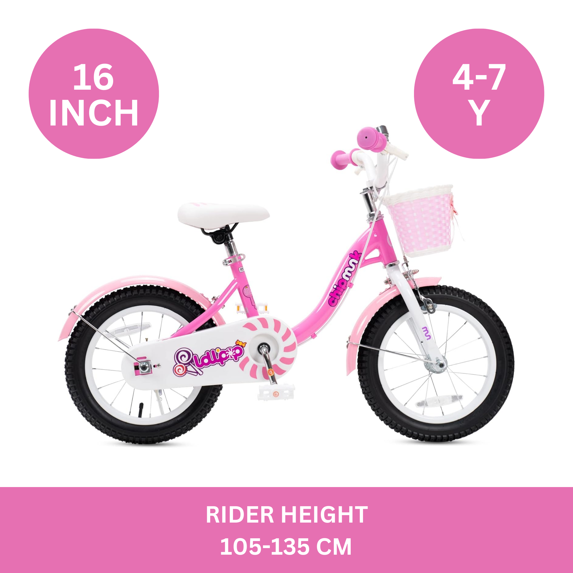 Chipmunk MM 16 Inch Bicycle with Lightweight Steel Frame, Basket, Adjustable Seat and Handle, Front + Rear Brakes, 85% Pre-Assembled Kid's Bikes with Training Wheels for Children 4-7 Years Old, Pink