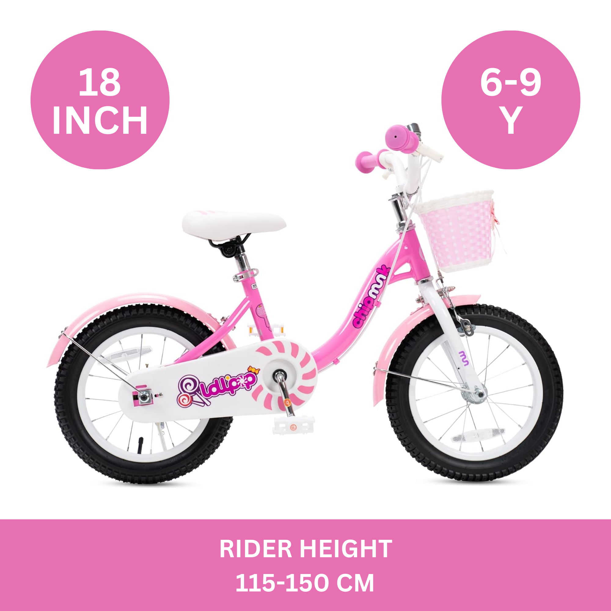 Chipmunk MM 18 Inch Bicycle with Lightweight Steel Frame, Basket, Adjustable Seat and Handle, Front + Rear Brakes, 85% Pre-Assembled Kid's Bikes with Training Wheels for Children 6-9 Years Old, Pink