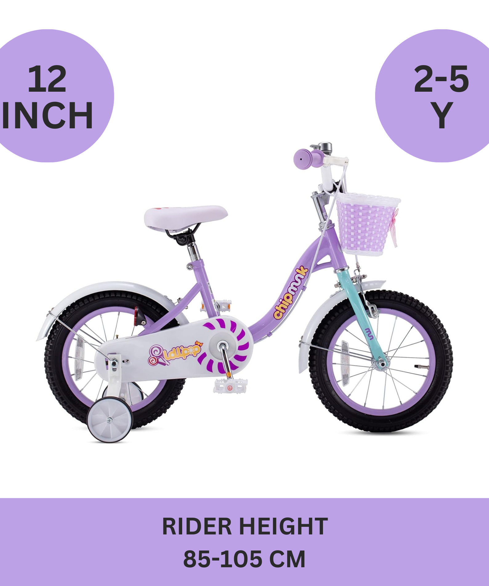 Chipmunk MM 12 Inch Bicycle with Lightweight Steel Frame, Basket, Adjustable Seat and Handle, Front + Rear Brakes, 85% Pre-Assembled Kid's Bikes with Training Wheels for Children 2-5 Years Old, Purple
