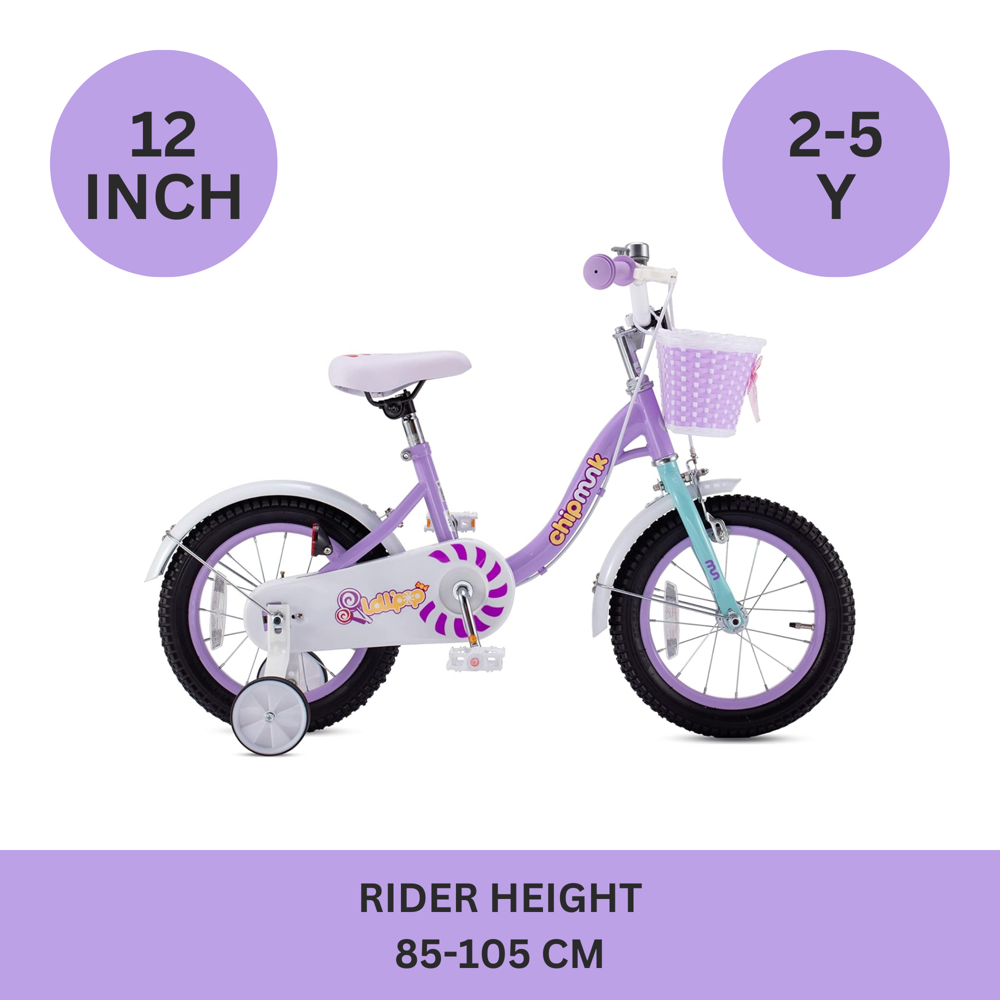 Chipmunk MM 12 Inch Bicycle with Lightweight Steel Frame, Basket, Adjustable Seat and Handle, Front + Rear Brakes, 85% Pre-Assembled Kid's Bikes with Training Wheels for Children 2-5 Years Old, Purple