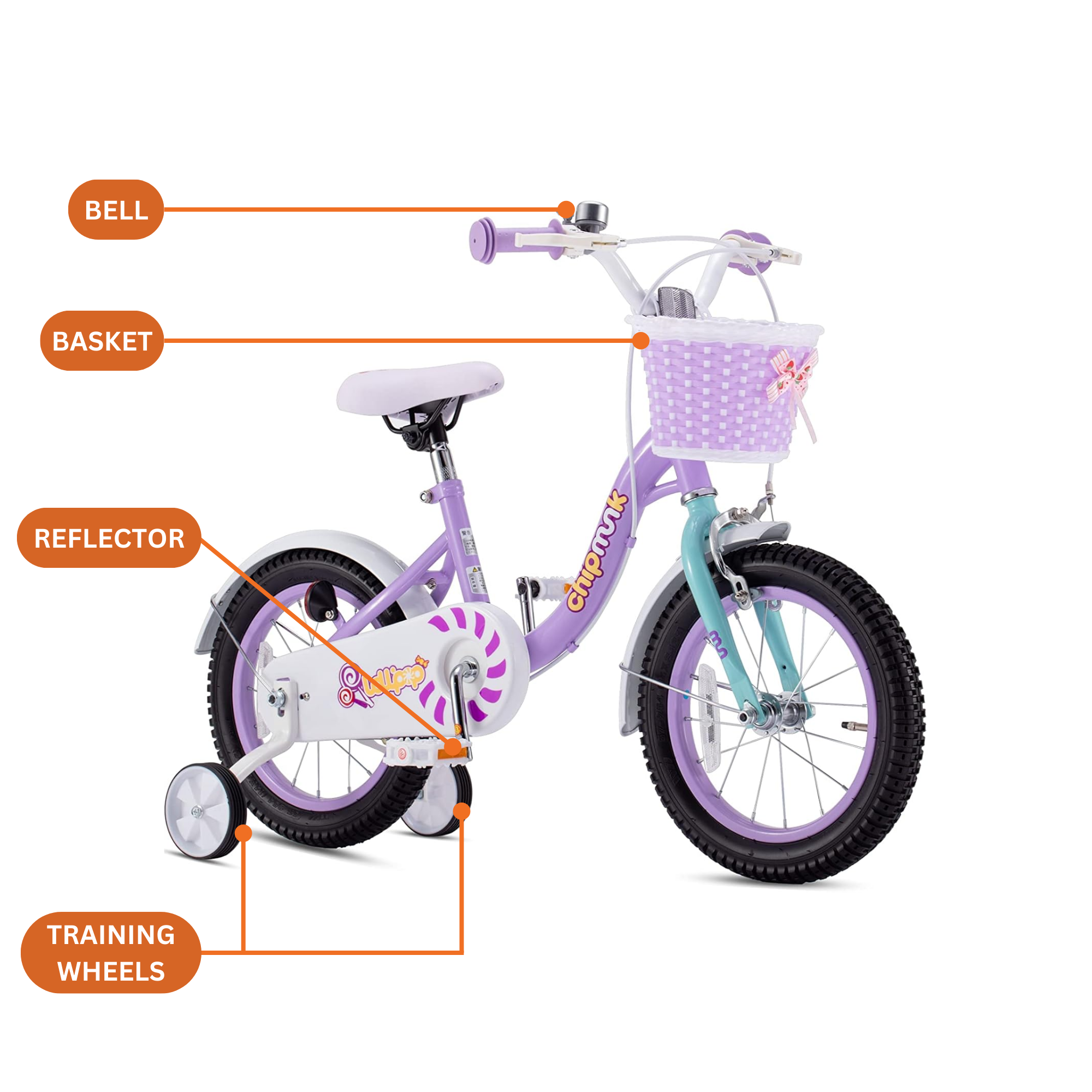 Chipmunk MM 14 Inch Bicycle with Lightweight Steel Frame, Basket, Adjustable Seat and Handle, Front + Rear Brakes, 85% Pre-Assembled Kid's Bikes with Training Wheels for Children 3-6 Years Old, Purple