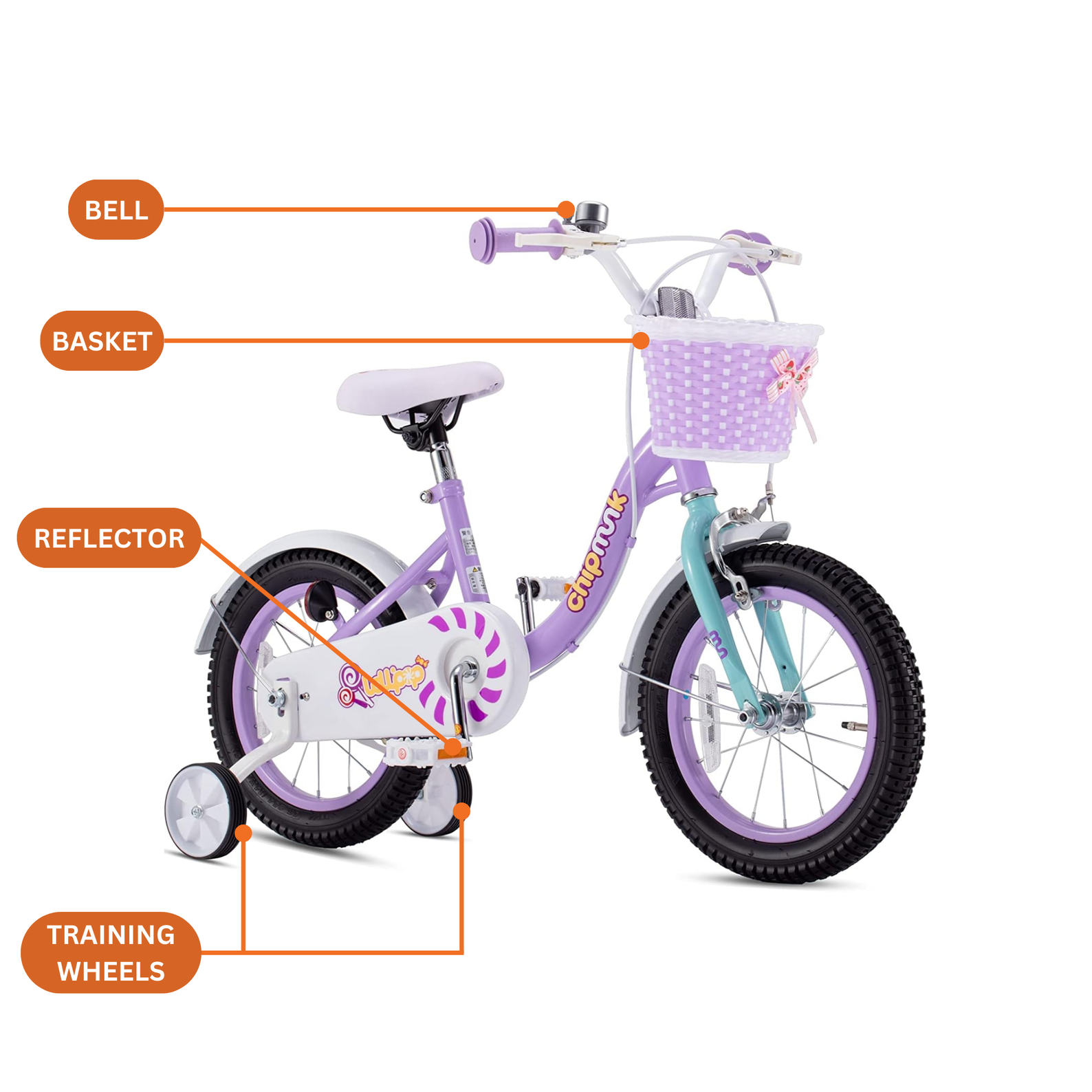 Chipmunk MM 16 Inch Bicycle with Lightweight Steel Frame, Basket, Adjustable Seat and Handle, Front + Rear Brakes, 85% Pre-Assembled Kid's Bikes with Training Wheels for Children 4-7 Years Old, Purple