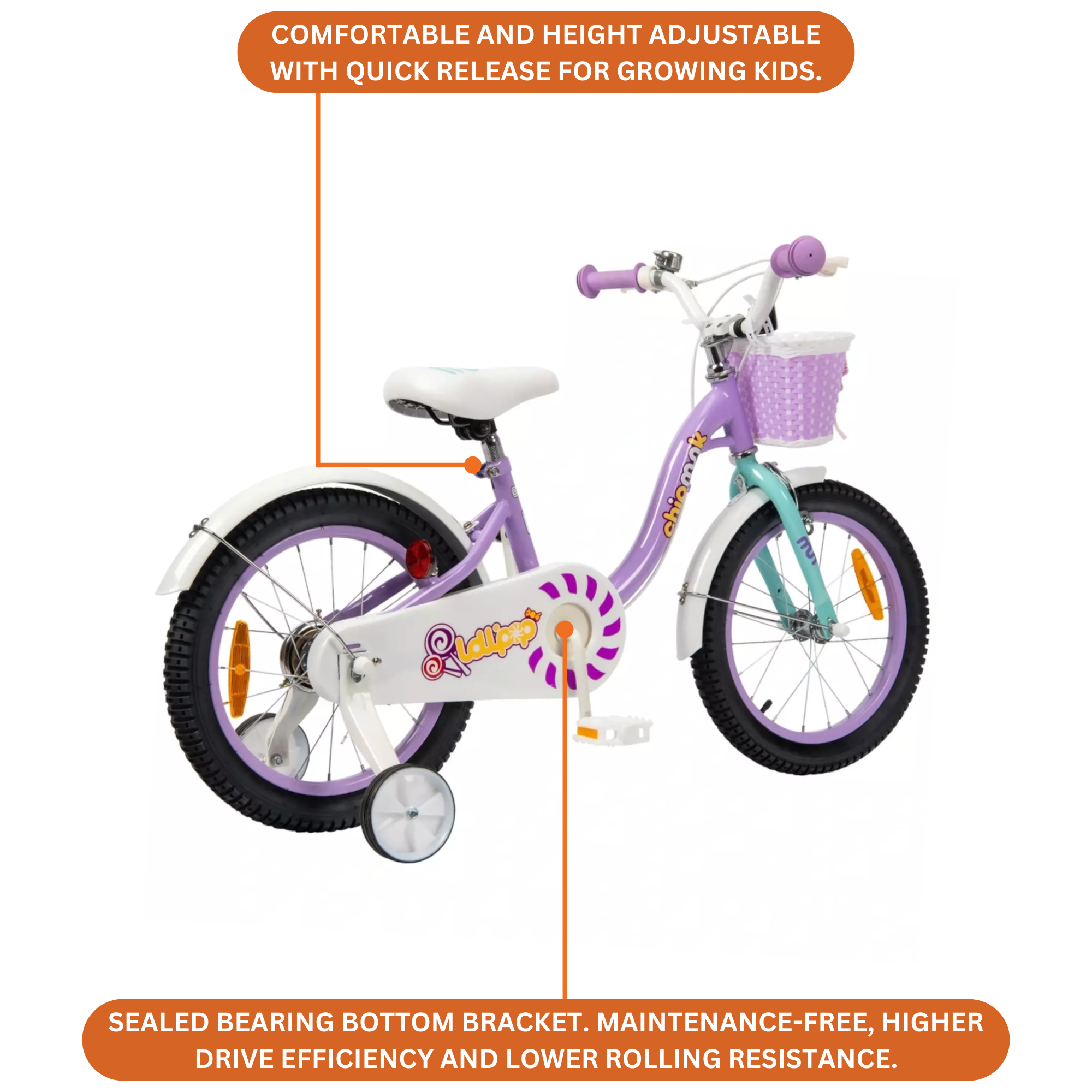 Chipmunk MM 16 Inch Bicycle with Lightweight Steel Frame, Basket, Adjustable Seat and Handle, Front + Rear Brakes, 85% Pre-Assembled Kid's Bikes with Training Wheels for Children 4-7 Years Old, Purple