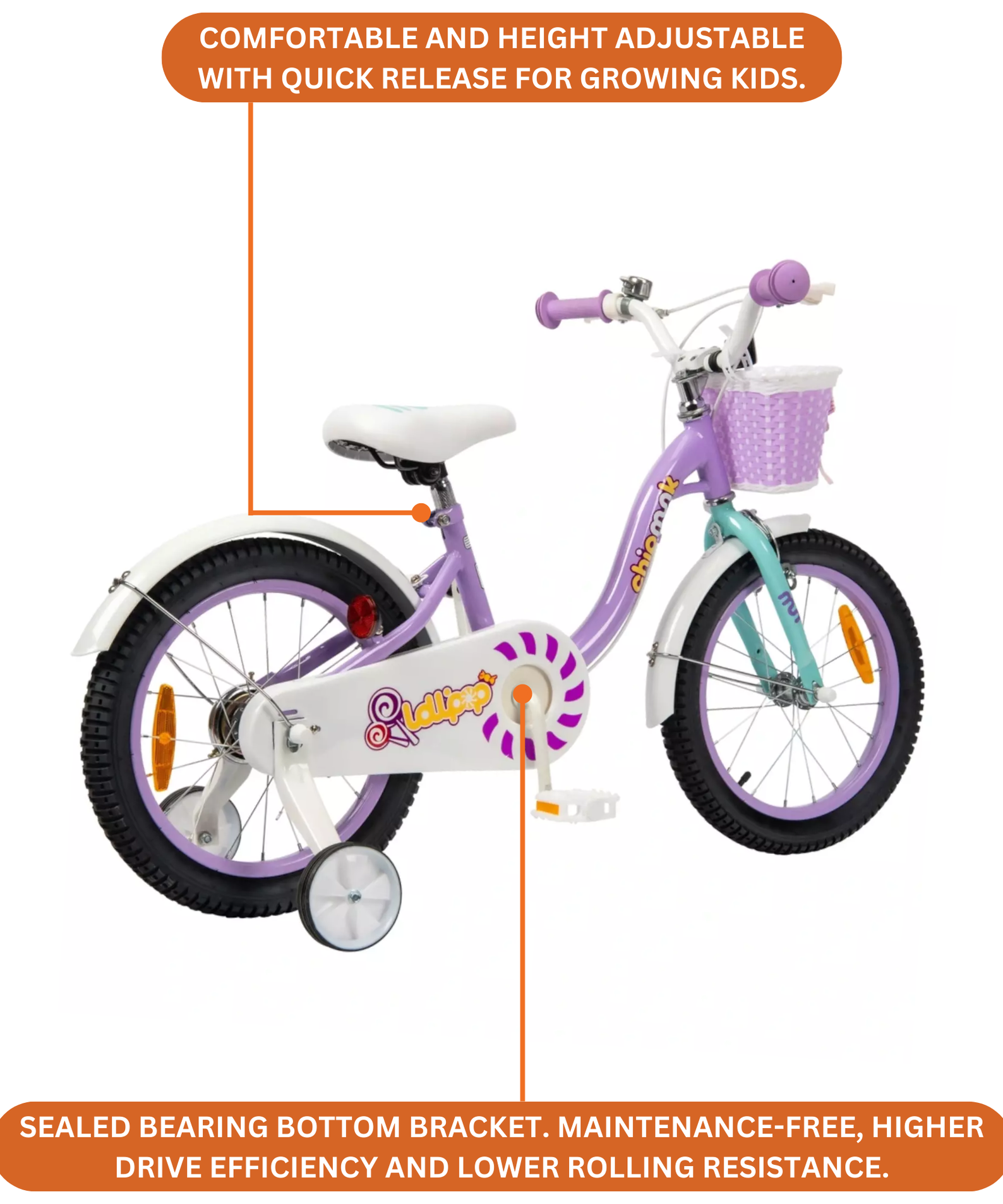 Chipmunk MM 14 Inch Bicycle with Lightweight Steel Frame, Basket, Adjustable Seat and Handle, Front + Rear Brakes, 85% Pre-Assembled Kid's Bikes with Training Wheels for Children 3-6 Years Old, Purple