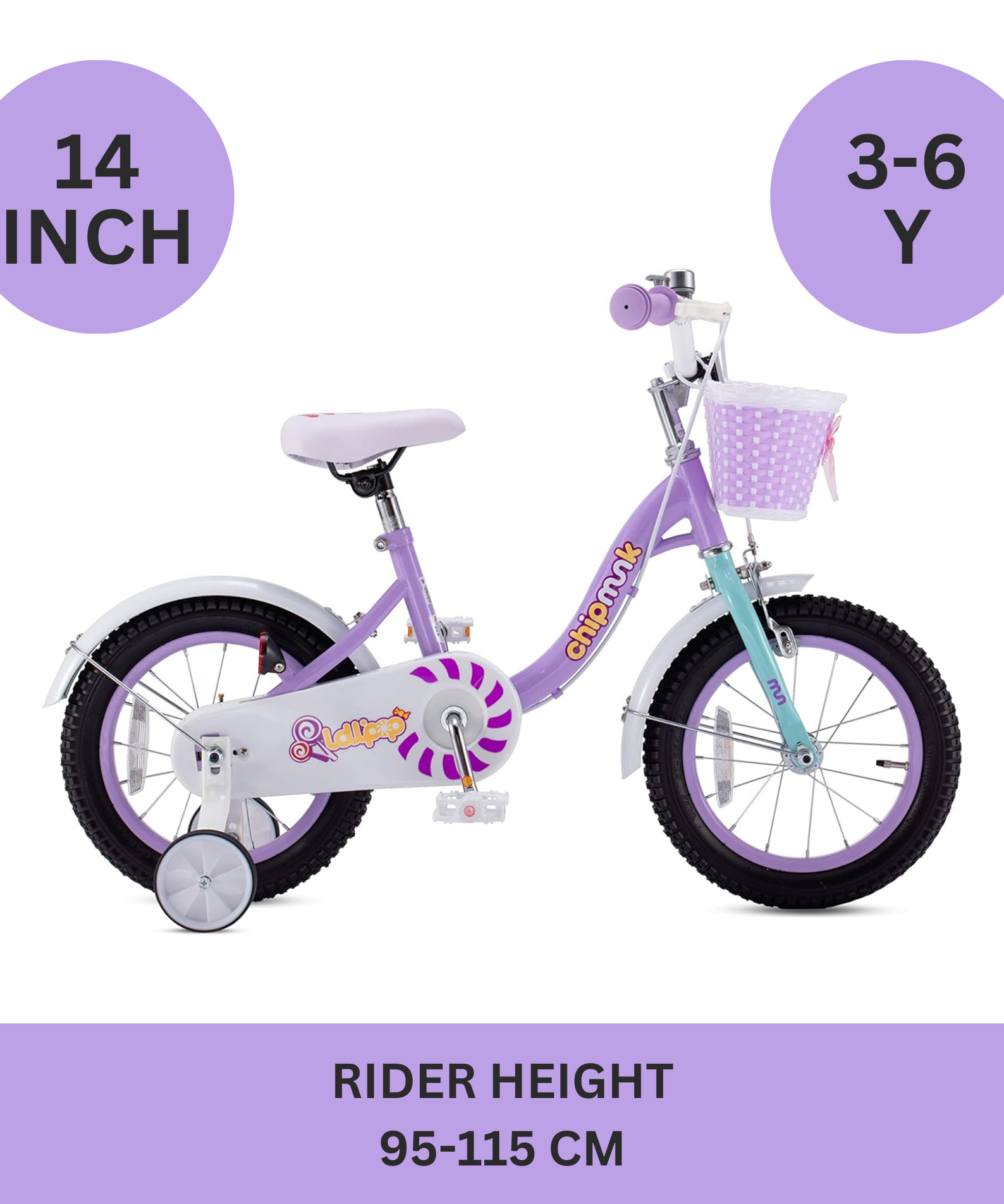 Chipmunk MM 14 Inch Bicycle with Lightweight Steel Frame, Basket, Adjustable Seat and Handle, Front + Rear Brakes, 85% Pre-Assembled Kid's Bikes with Training Wheels for Children 3-6 Years Old, Purple