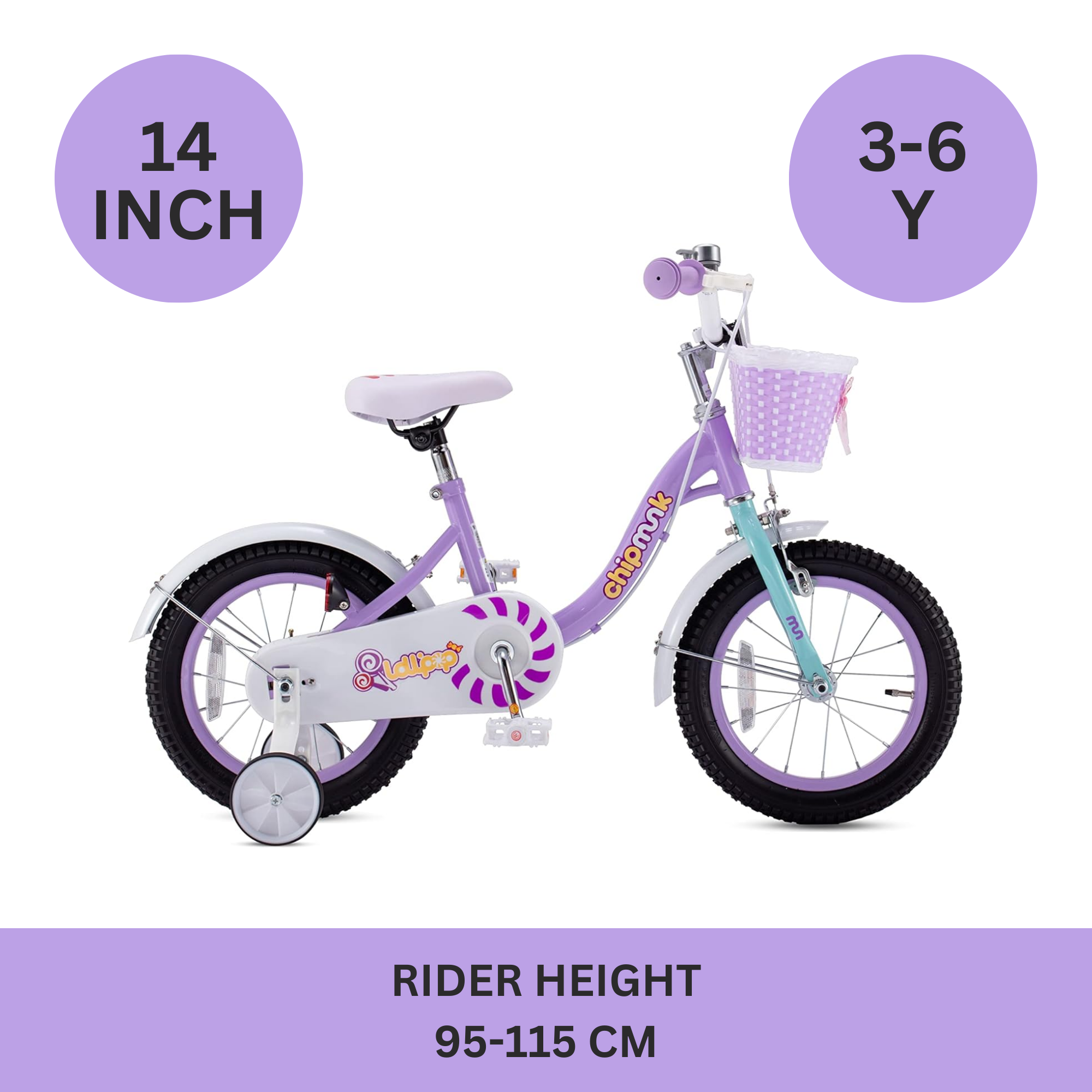 Chipmunk MM 14 Inch Bicycle with Lightweight Steel Frame, Basket, Adjustable Seat and Handle, Front + Rear Brakes, 85% Pre-Assembled Kid's Bikes with Training Wheels for Children 3-6 Years Old, Purple