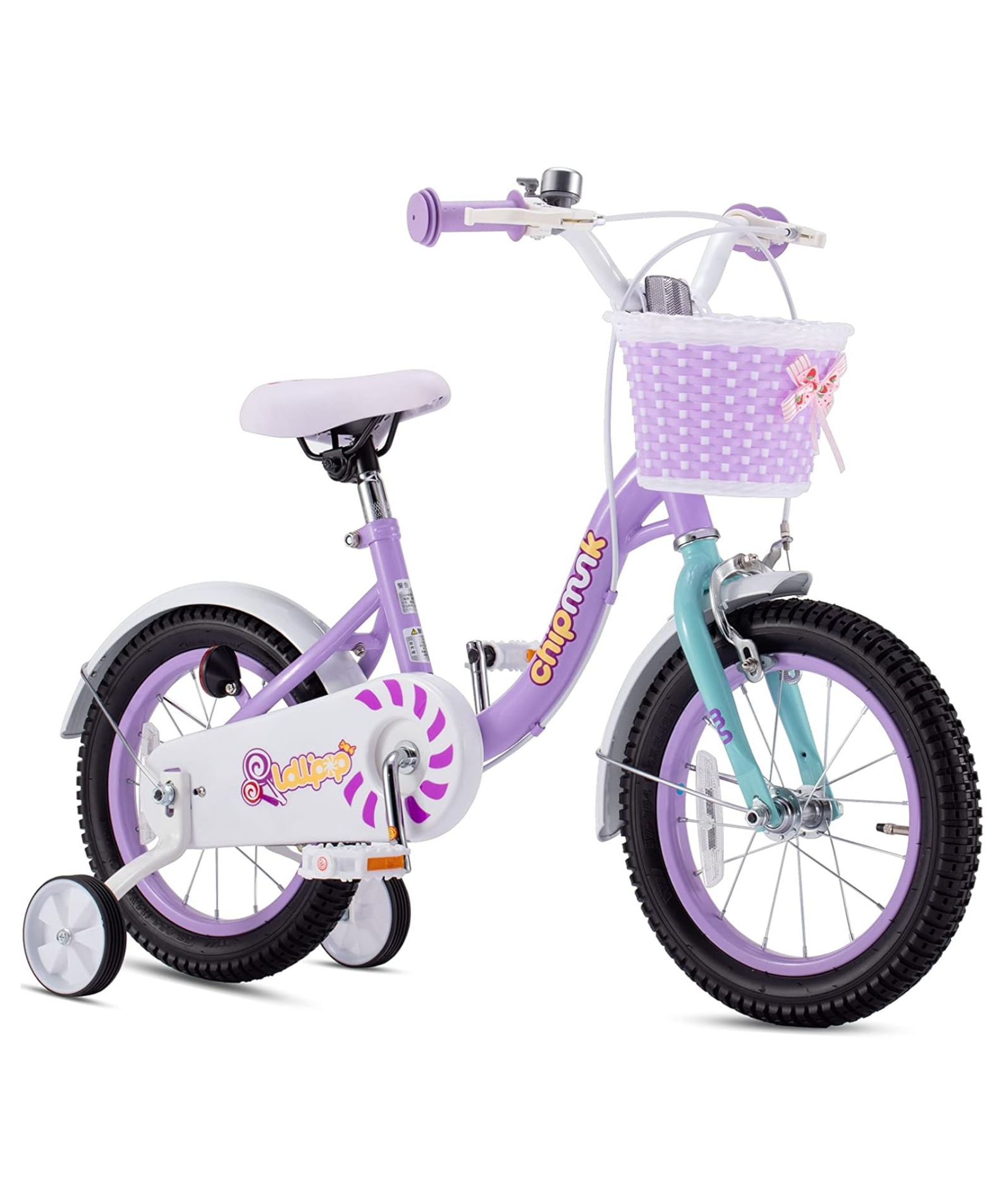 Chipmunk MM 16 Inch Bicycle with Lightweight Steel Frame, Basket, Adjustable Seat and Handle, Front + Rear Brakes, 85% Pre-Assembled Kid's Bikes with Training Wheels for Children 4-7 Years Old, Purple