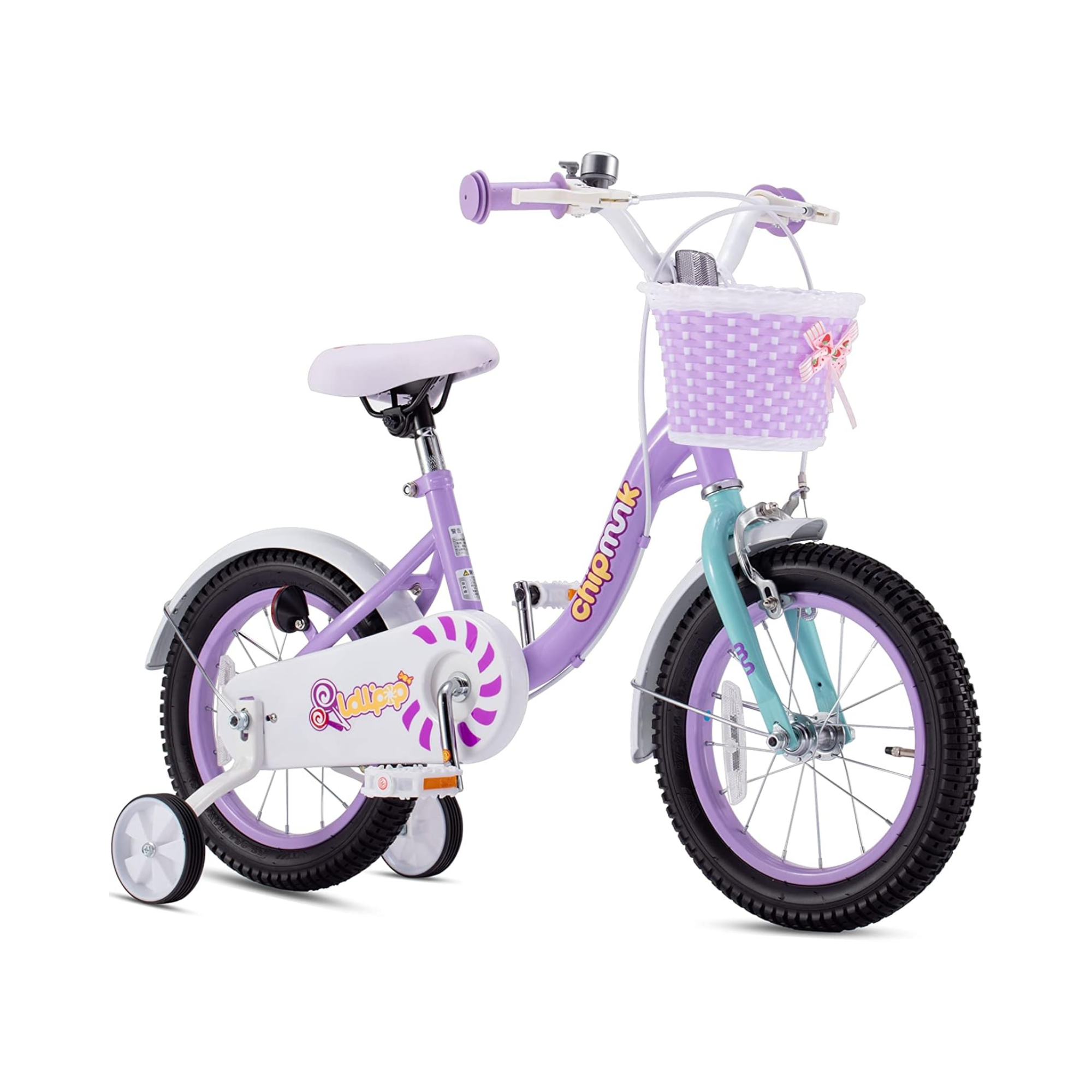 Chipmunk MM 12 Inch Bicycle with Lightweight Steel Frame, Basket, Adjustable Seat and Handle, Front + Rear Brakes, 85% Pre-Assembled Kid's Bikes with Training Wheels for Children 2-5 Years Old, Purple