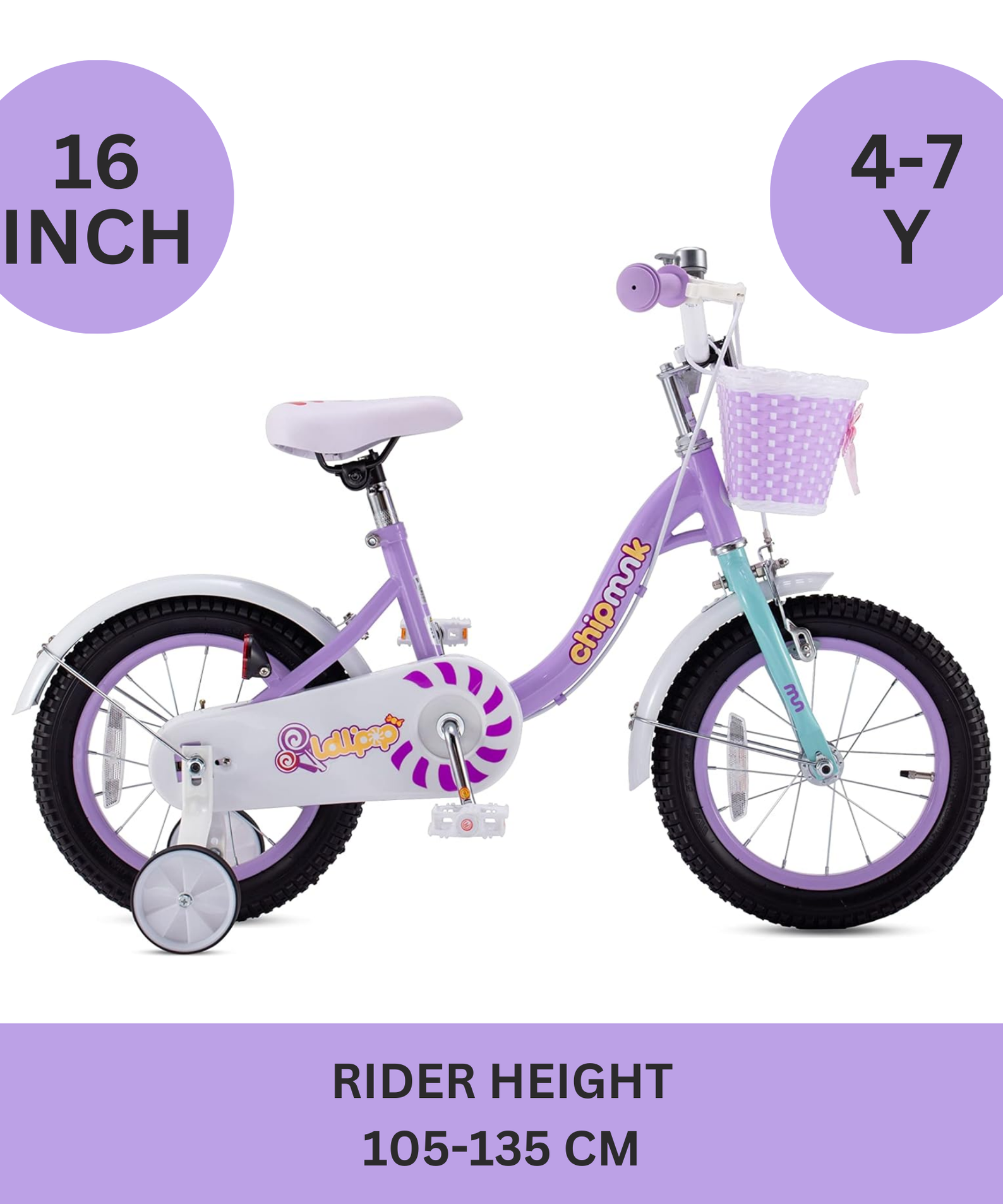 Chipmunk MM 16 Inch Bicycle with Lightweight Steel Frame, Basket, Adjustable Seat and Handle, Front + Rear Brakes, 85% Pre-Assembled Kid's Bikes with Training Wheels for Children 4-7 Years Old, Purple