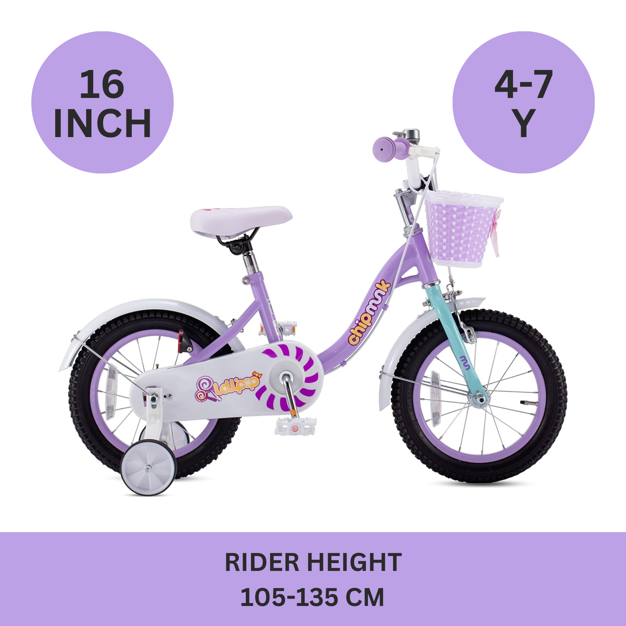 Chipmunk MM 16 Inch Bicycle with Lightweight Steel Frame, Basket, Adjustable Seat and Handle, Front + Rear Brakes, 85% Pre-Assembled Kid's Bikes with Training Wheels for Children 4-7 Years Old, Purple