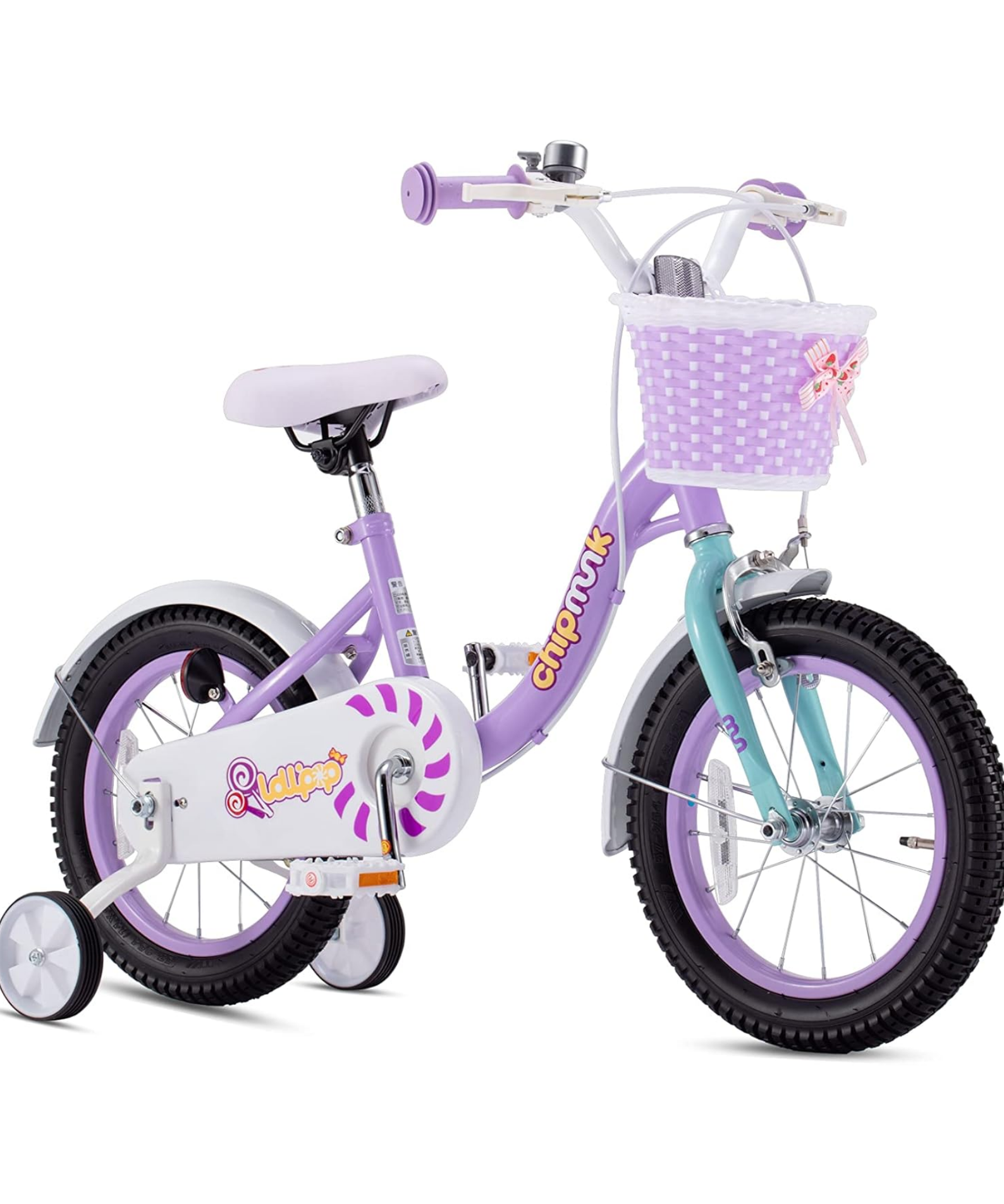 Chipmunk MM 18 Inch Bicycle with Lightweight Steel Frame, Basket, Adjustable Seat and Handle, Front + Rear Brakes, 85% Pre-Assembled Kid's Bikes with Training Wheels for Children 6-9 Years Old, Purple