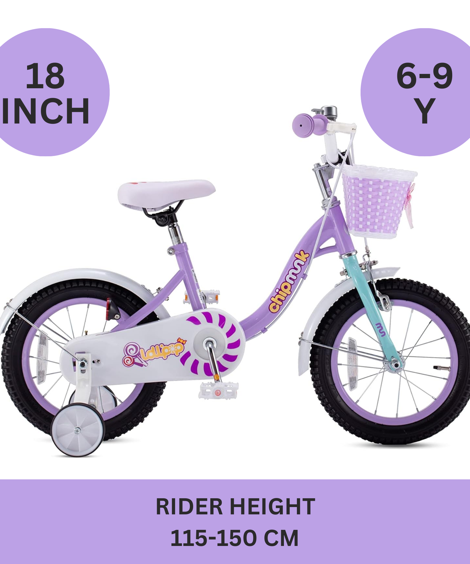 Chipmunk MM 18 Inch Bicycle with Lightweight Steel Frame, Basket, Adjustable Seat and Handle, Front + Rear Brakes, 85% Pre-Assembled Kid's Bikes with Training Wheels for Children 6-9 Years Old, Purple