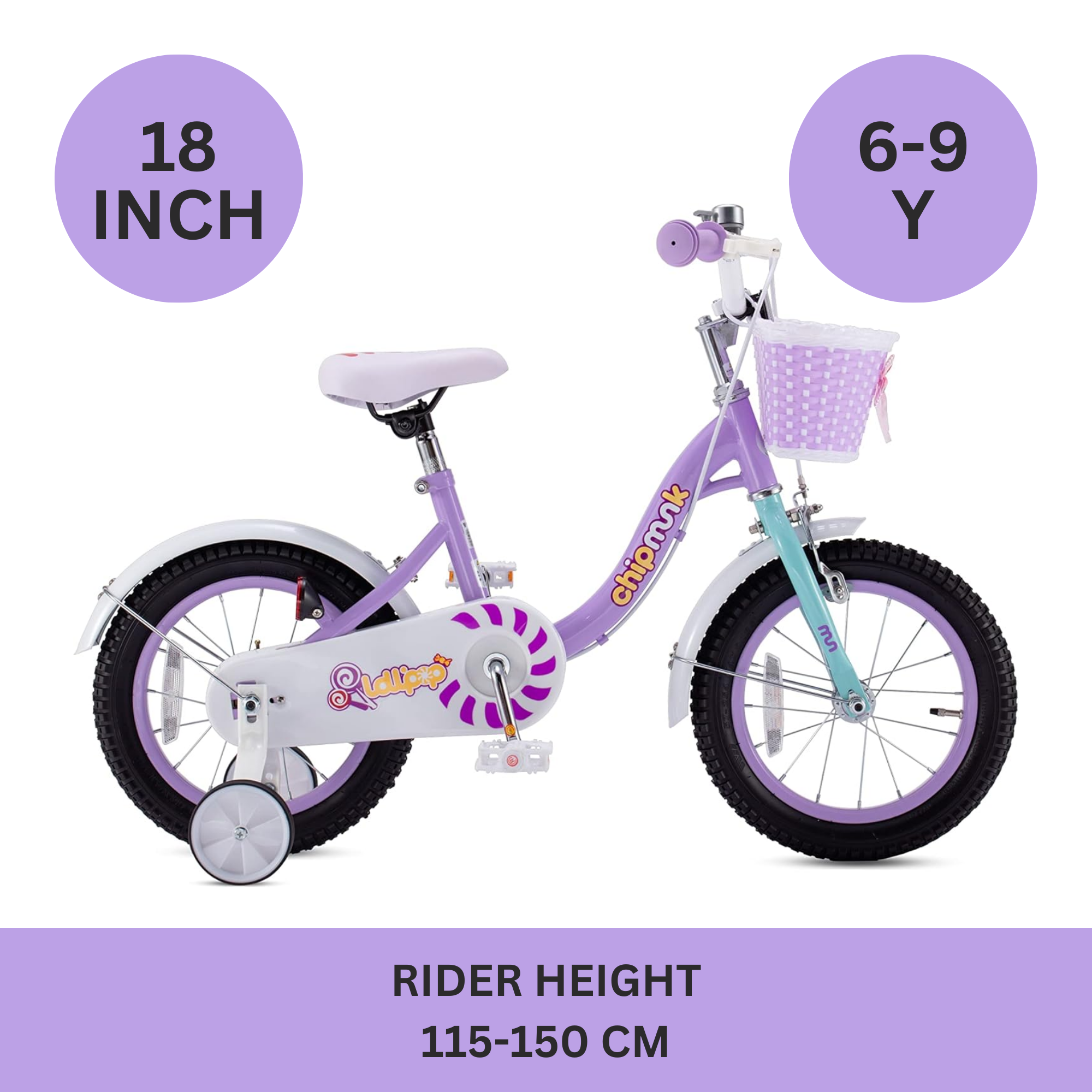 Chipmunk MM 18 Inch Bicycle with Lightweight Steel Frame, Basket, Adjustable Seat and Handle, Front + Rear Brakes, 85% Pre-Assembled Kid's Bikes with Training Wheels for Children 6-9 Years Old, Purple