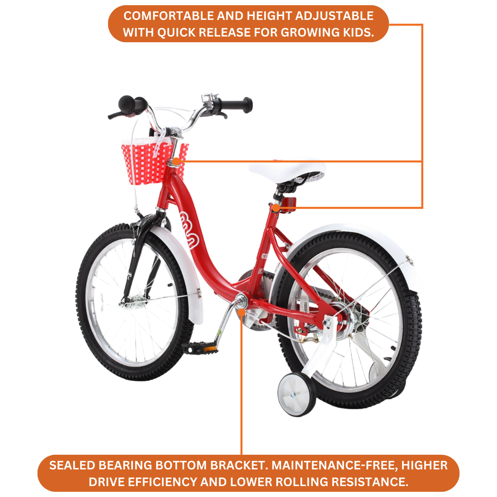 Chipmunk MM 16 Inch Bicycle with Lightweight Steel Frame, Basket, Adjustable Seat and Handle, Front + Rear Brakes, 85% Pre-Assembled Kid's Bikes with Training Wheels for Children 4-7 Years Old, Red