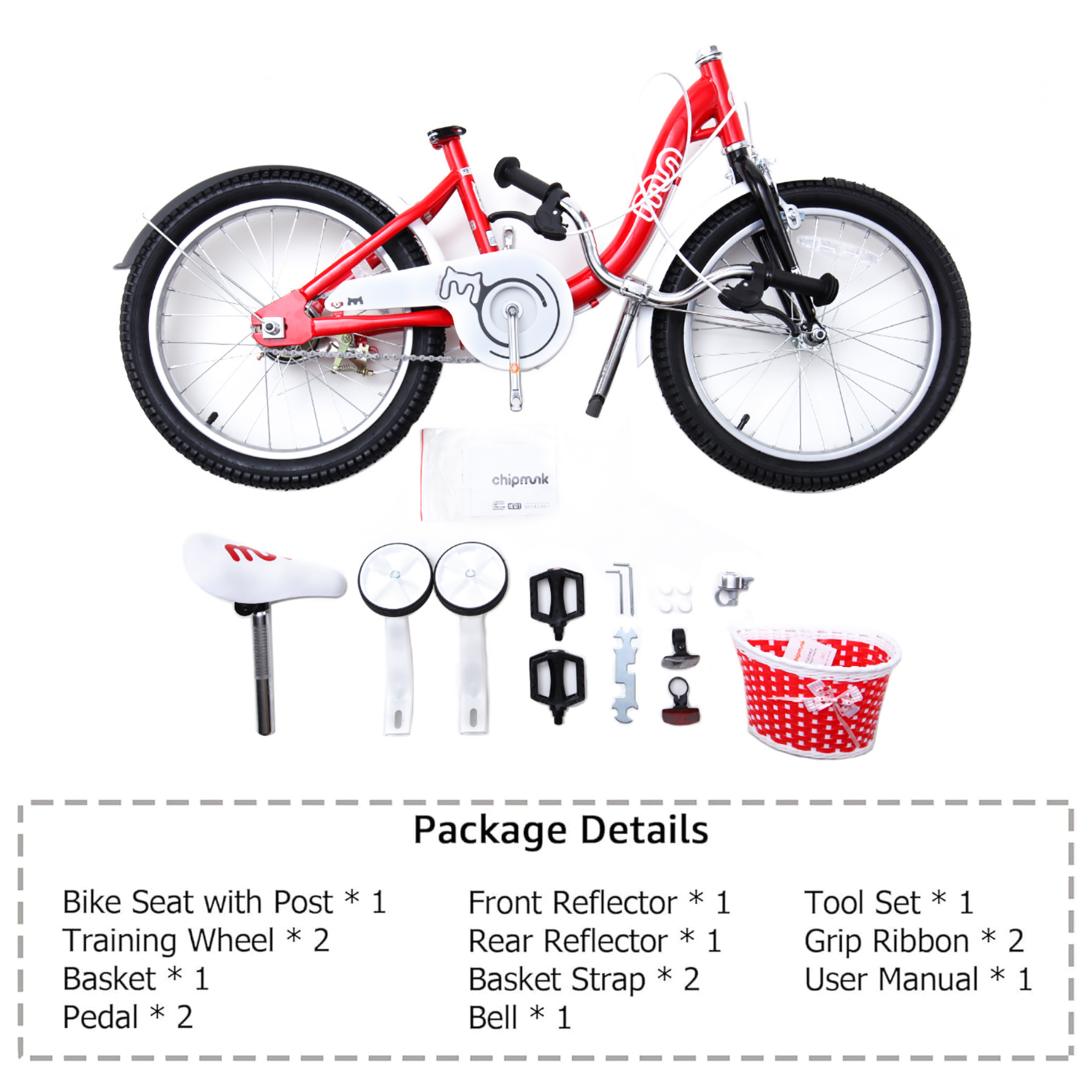 Chipmunk MM 18 Inch Bicycle with Lightweight Steel Frame, Basket, Adjustable Seat and Handle, Front + Rear Brakes, 85% Pre-Assembled Kid's Bikes with Training Wheels for Children 6-9 Years Old, Red