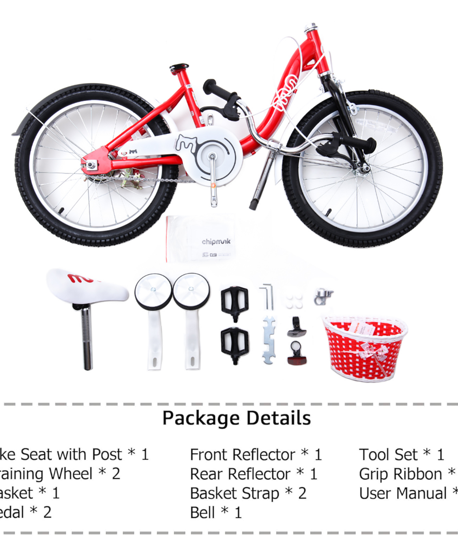 Chipmunk MM 12 Inch Bicycle with Lightweight Steel Frame, Basket, Adjustable Seat and Handle, Front + Rear Brakes, 85% Pre-Assembled Kid's Bikes with Training Wheels for Children 2-5 Years Old, Pink