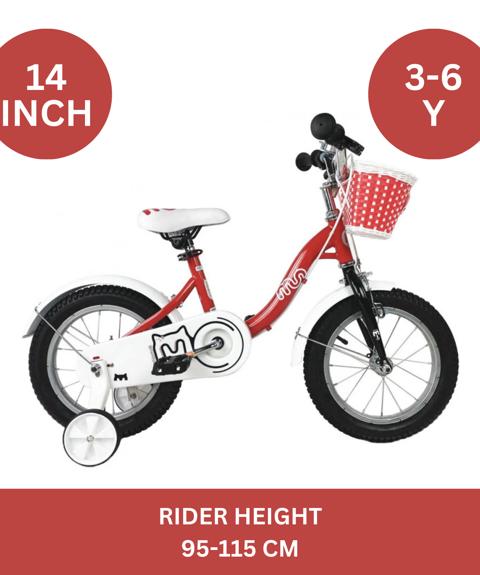 Chipmunk MM 14 Inch Bicycle with Lightweight Steel Frame, Basket, Adjustable Seat and Handle, Front + Rear Brakes, 85% Pre-Assembled Kid's Bikes with Training Wheels for Children 3-6 Years Old, Red