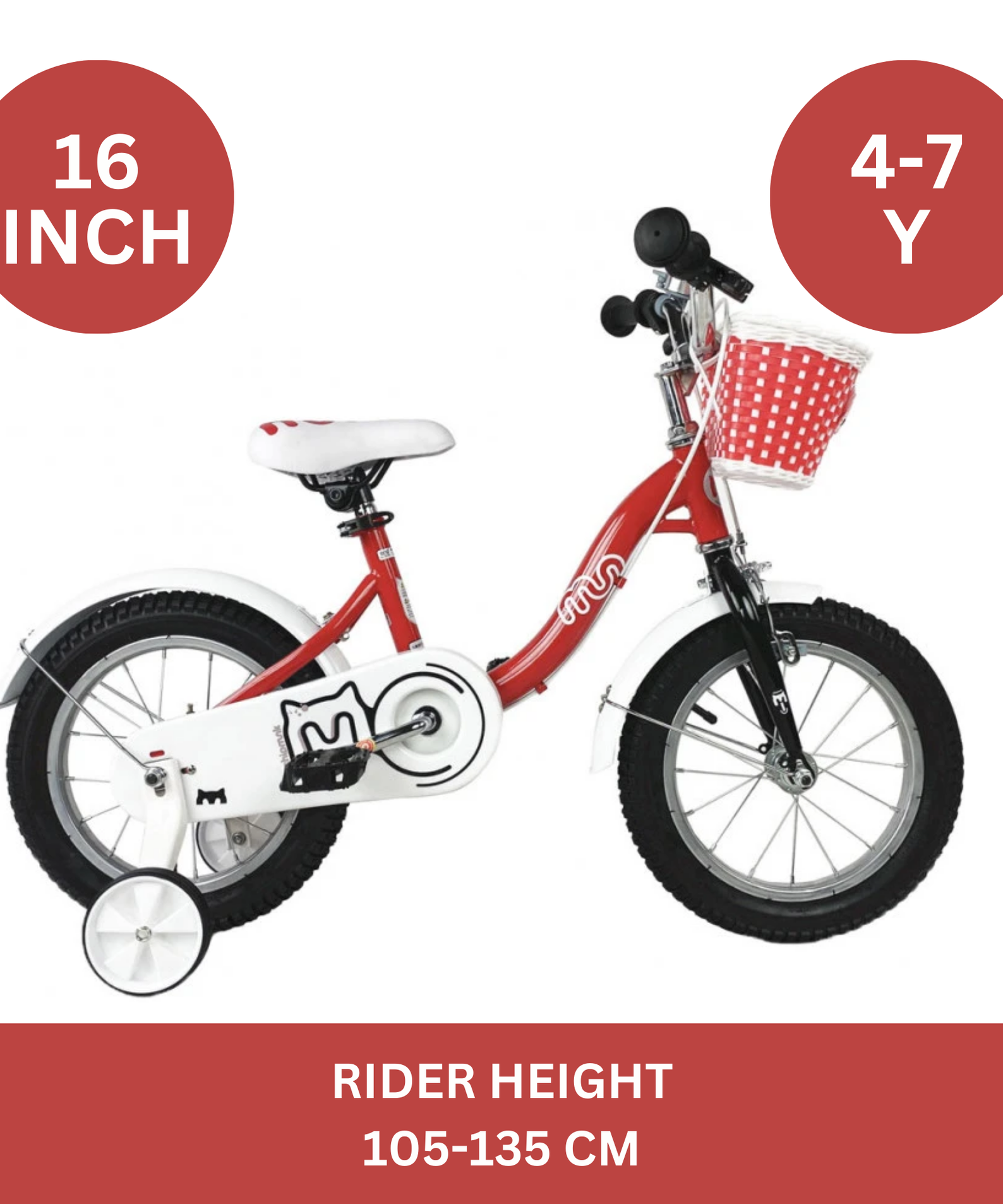 Chipmunk MM 16 Inch Bicycle with Lightweight Steel Frame, Basket, Adjustable Seat and Handle, Front + Rear Brakes, 85% Pre-Assembled Kid's Bikes with Training Wheels for Children 4-7 Years Old, Red