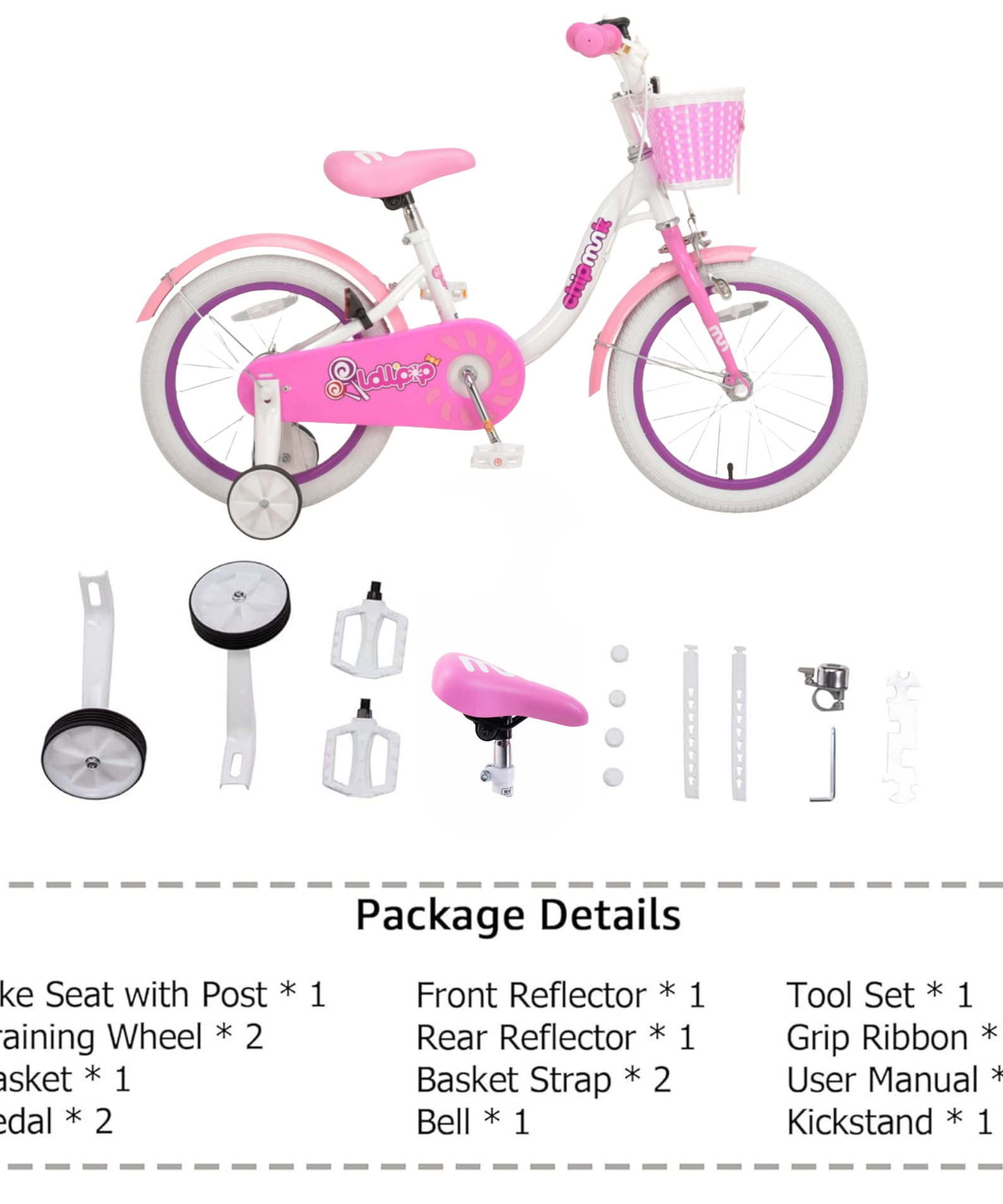 Chipmunk MM 12 Inch Bicycle with Lightweight Steel Frame, Basket, Adjustable Seat and Handle, Front + Rear Brakes, 85% Pre-Assembled Kid's Bikes with Training Wheels for Children 2-5 Years Old, White