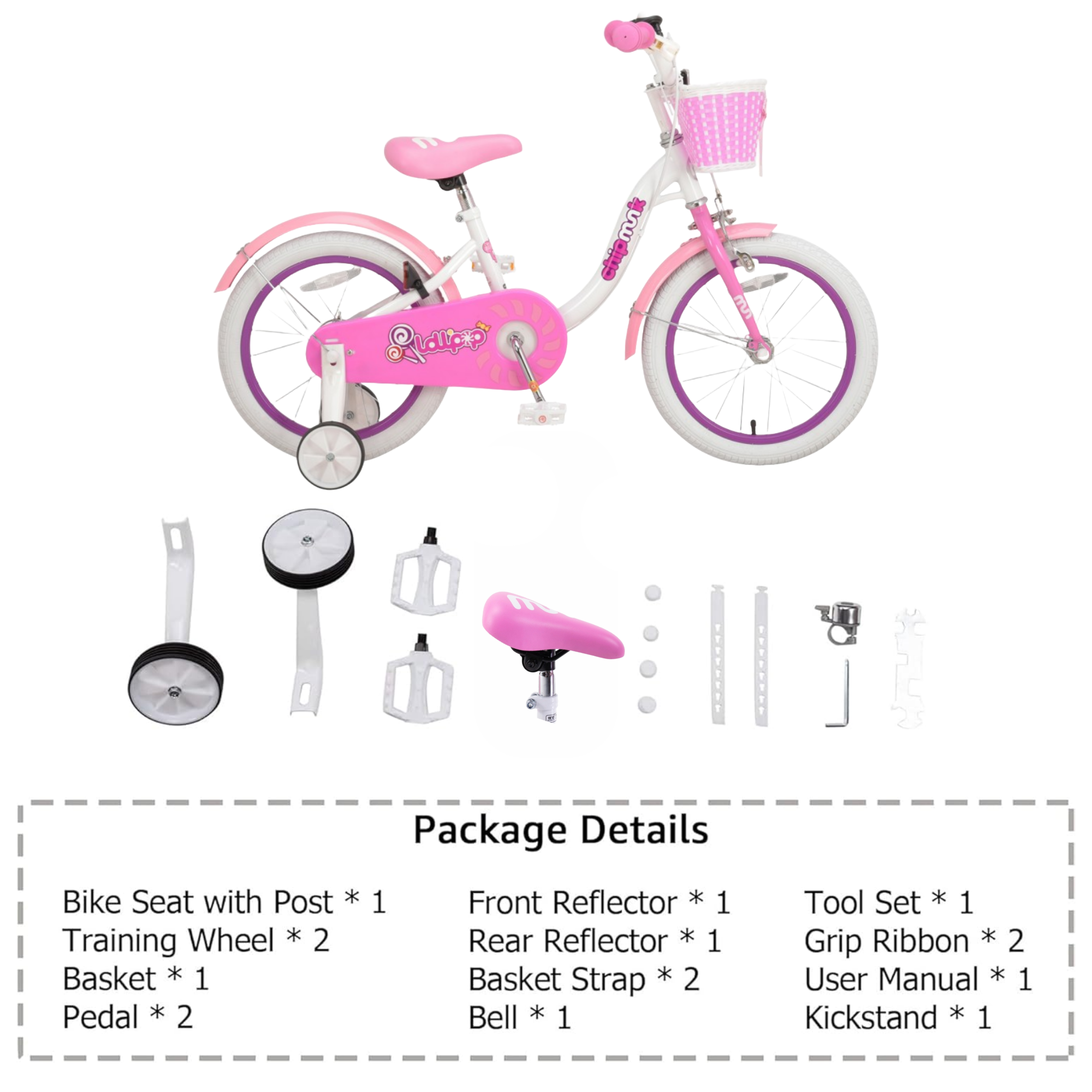 Chipmunk MM 12 Inch Bicycle with Lightweight Steel Frame, Basket, Adjustable Seat and Handle, Front + Rear Brakes, 85% Pre-Assembled Kid's Bikes with Training Wheels for Children 2-5 Years Old, White