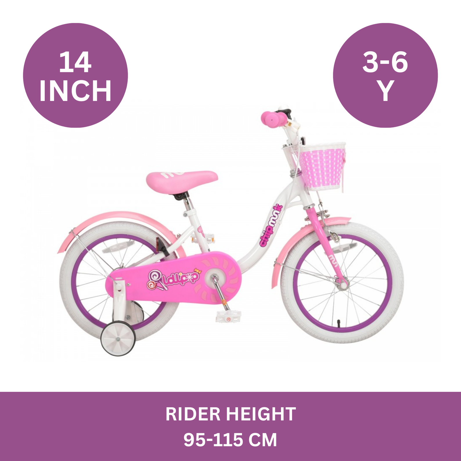Chipmunk MM 14 Inch Bicycle with Lightweight Steel Frame, Basket, Adjustable Seat and Handle, Front + Rear Brakes, 85% Pre-Assembled Kid's Bikes with Training Wheels for Children 3-6 Years Old, White
