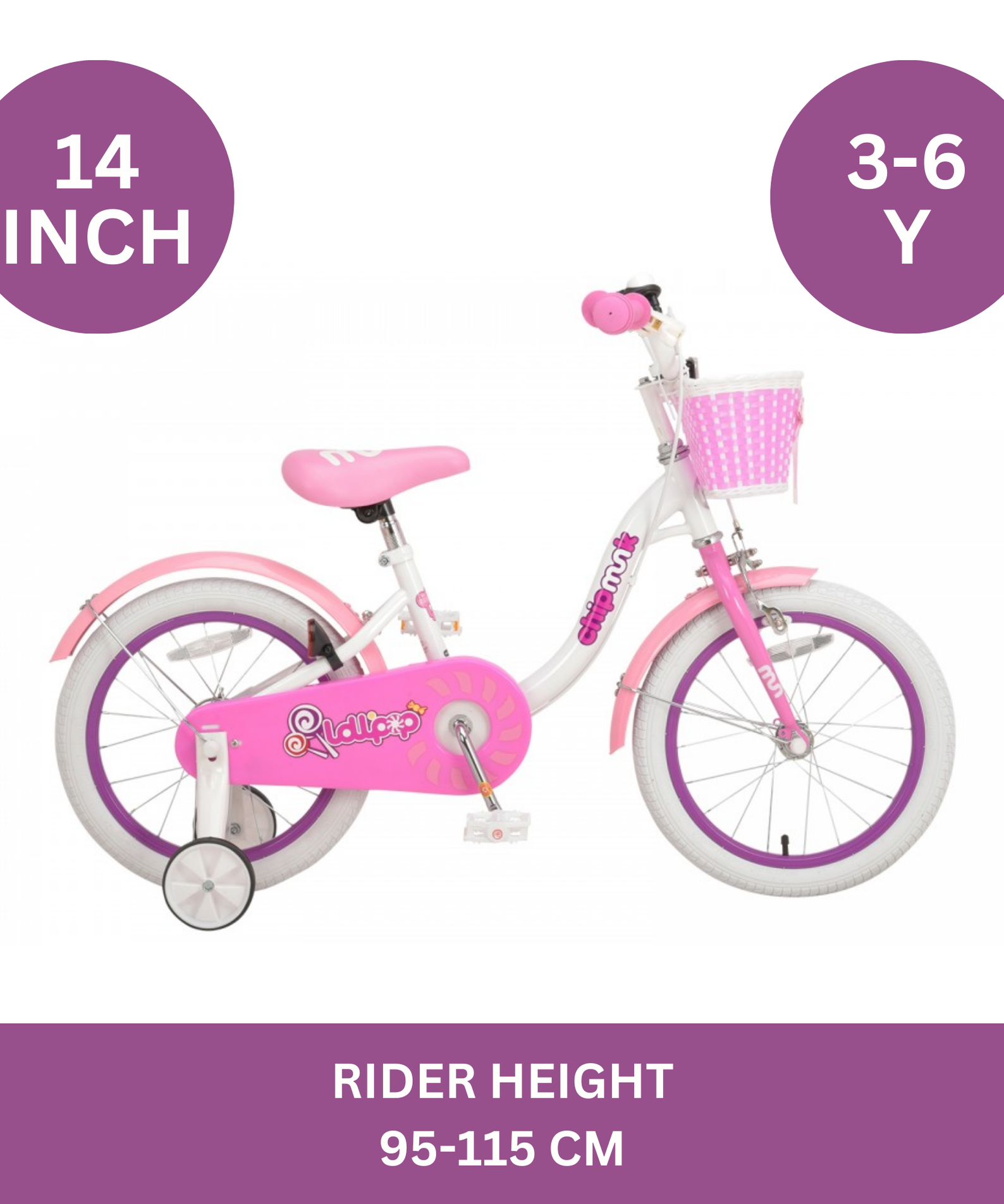 Chipmunk MM 14 Inch Bicycle with Lightweight Steel Frame, Basket, Adjustable Seat and Handle, Front + Rear Brakes, 85% Pre-Assembled Kid's Bikes with Training Wheels for Children 3-6 Years Old, White