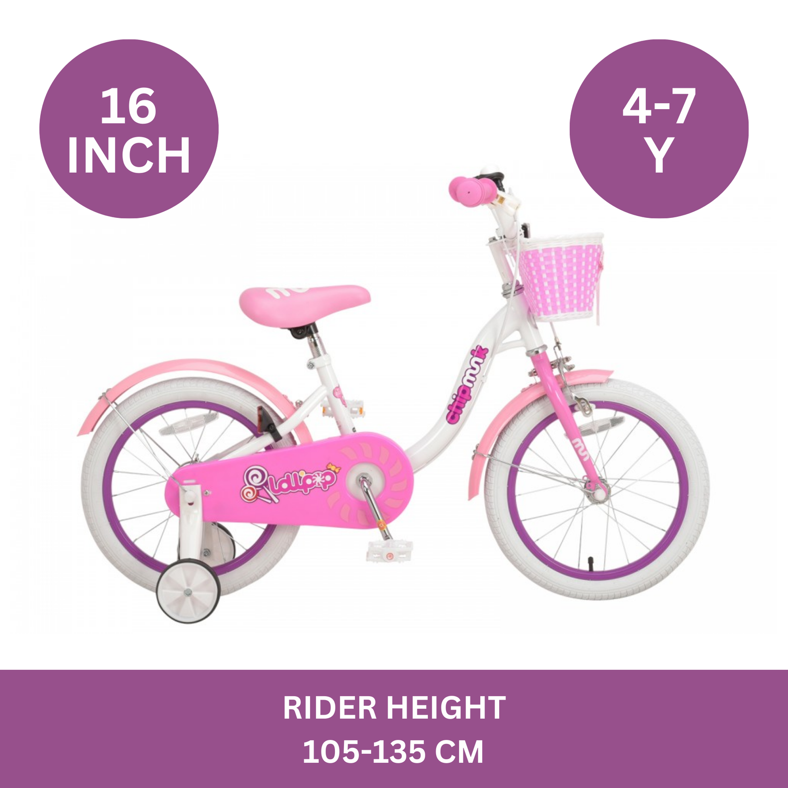 Chipmunk MM 16 Inch Bicycle with Lightweight Steel Frame, Basket, Adjustable Seat and Handle, Front + Rear Brakes, 85% Pre-Assembled Kid's Bikes with Training Wheels for Children 4-7 Years Old, White