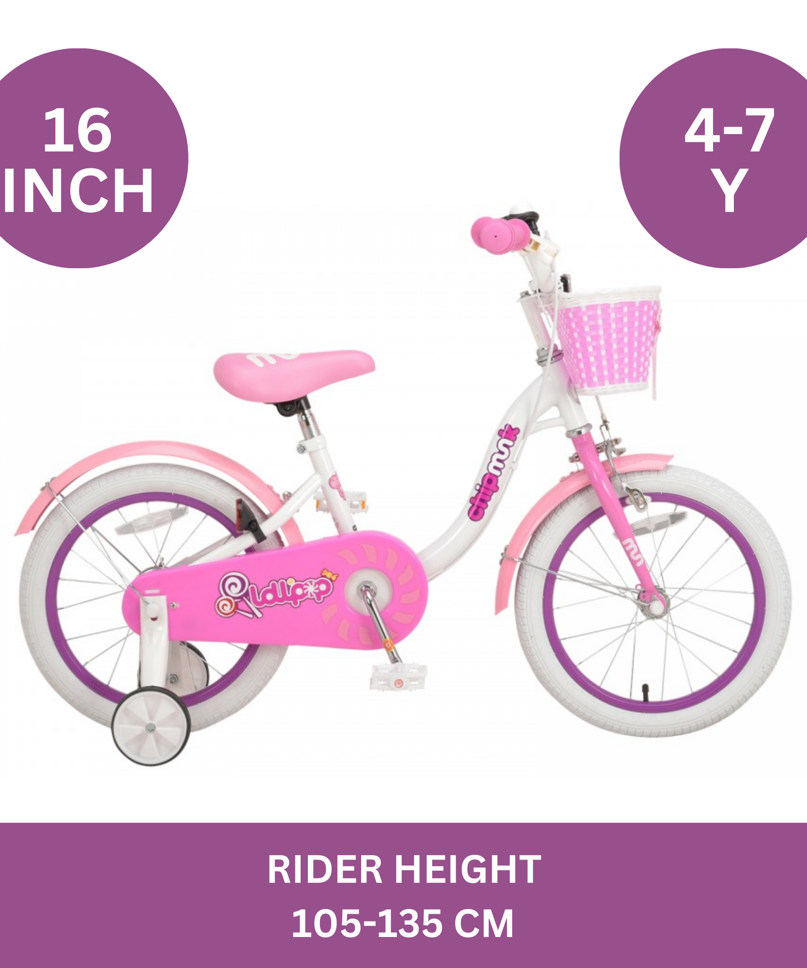 Chipmunk MM 16 Inch Bicycle with Lightweight Steel Frame, Basket, Adjustable Seat and Handle, Front + Rear Brakes, 85% Pre-Assembled Kid's Bikes with Training Wheels for Children 4-7 Years Old, White