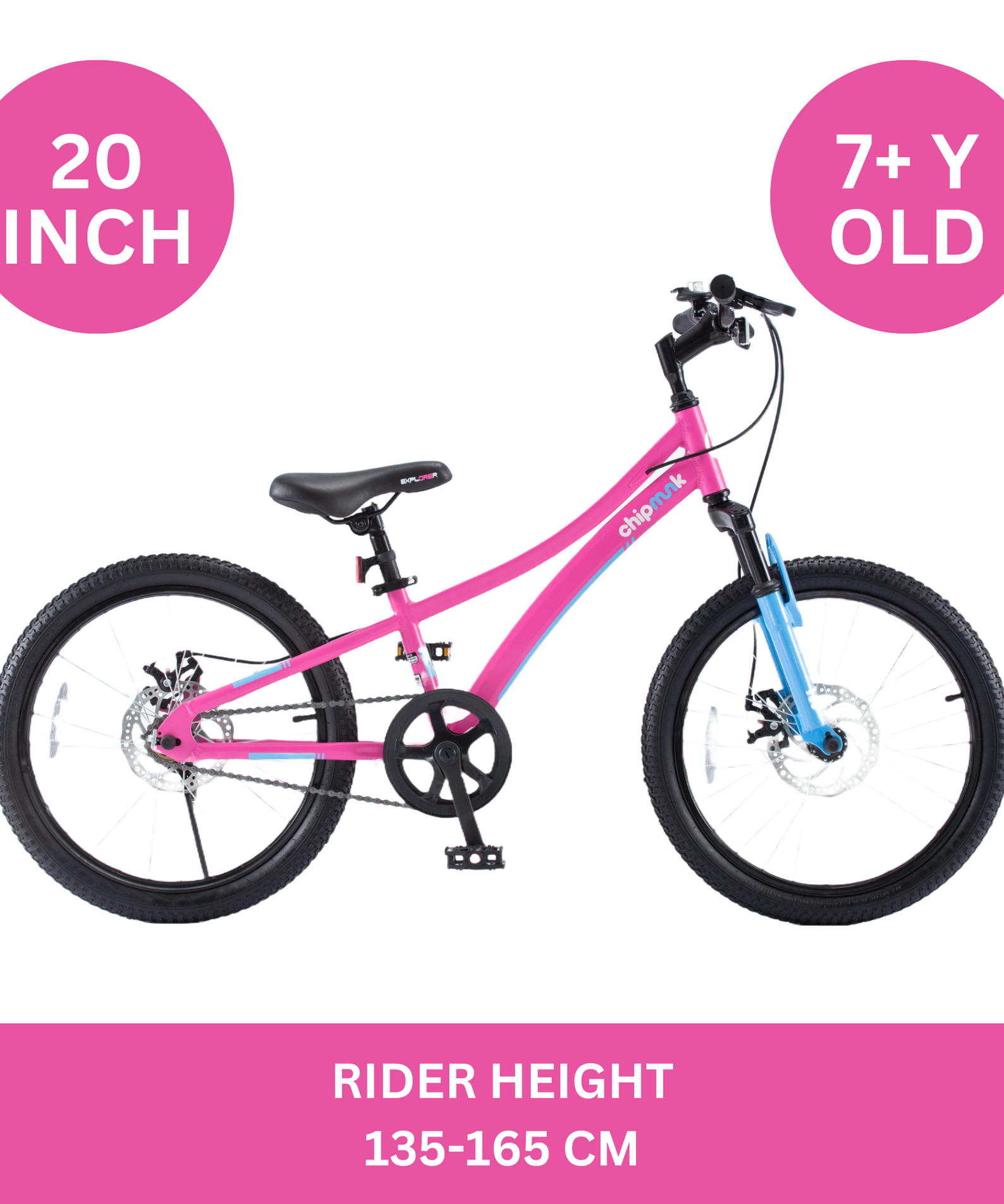 Chipmunk Explorer 20 Inch Bicycle with Lightweight Aluminium Frame, Adjustable Seat and Handle, Front + Rear Brakes, 95% Pre-Assembled Kid's Bikes with Kickstand for Children 8-12 Years Old, Pink